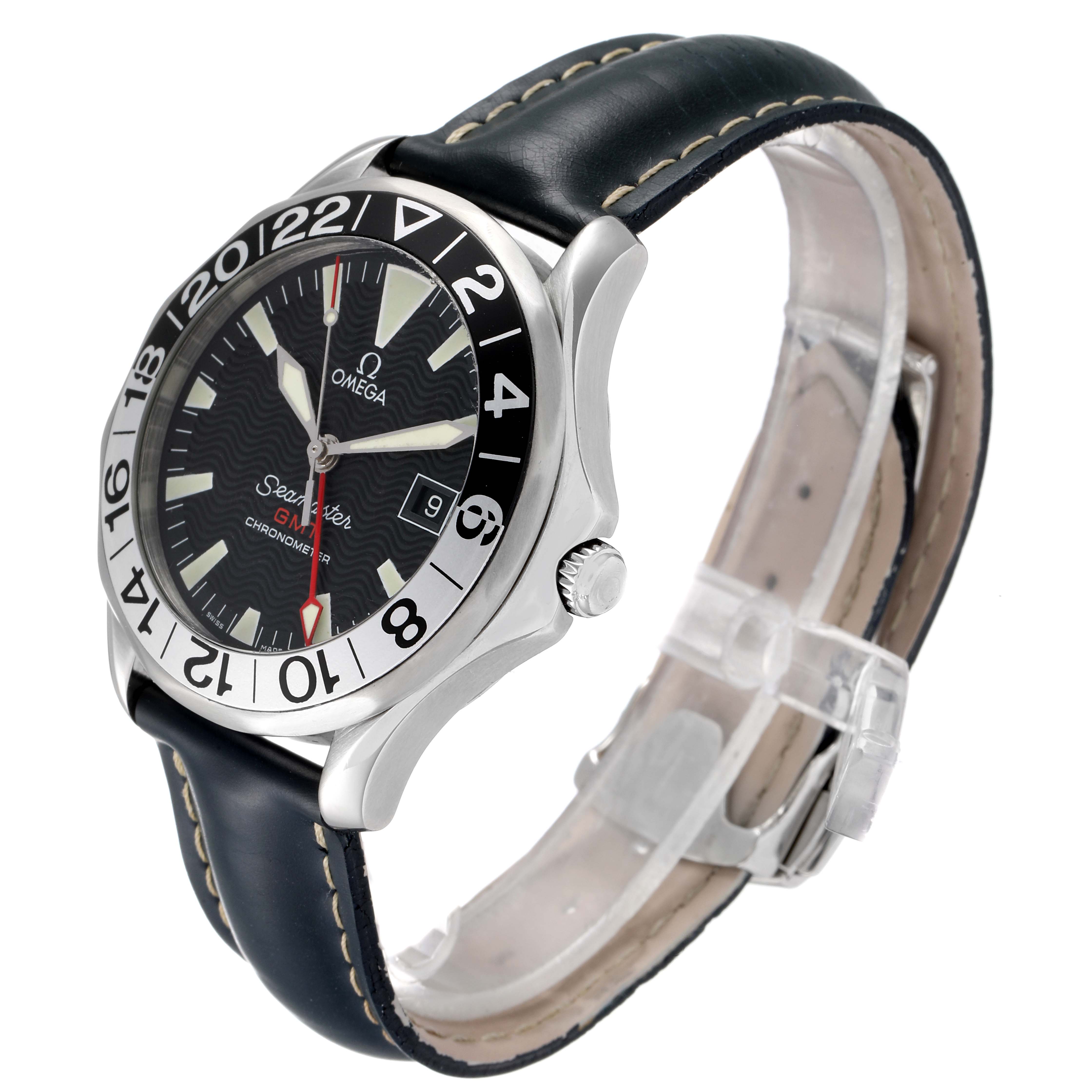 The Omega Seamaster 2534.50.00 Men
s Stainless Steel Black Dial 2534.50.00 Men
s Stainless Steel Black Dial watch is shown at a three-quarter angle, displaying the face, bezel, crown, and leather strap.