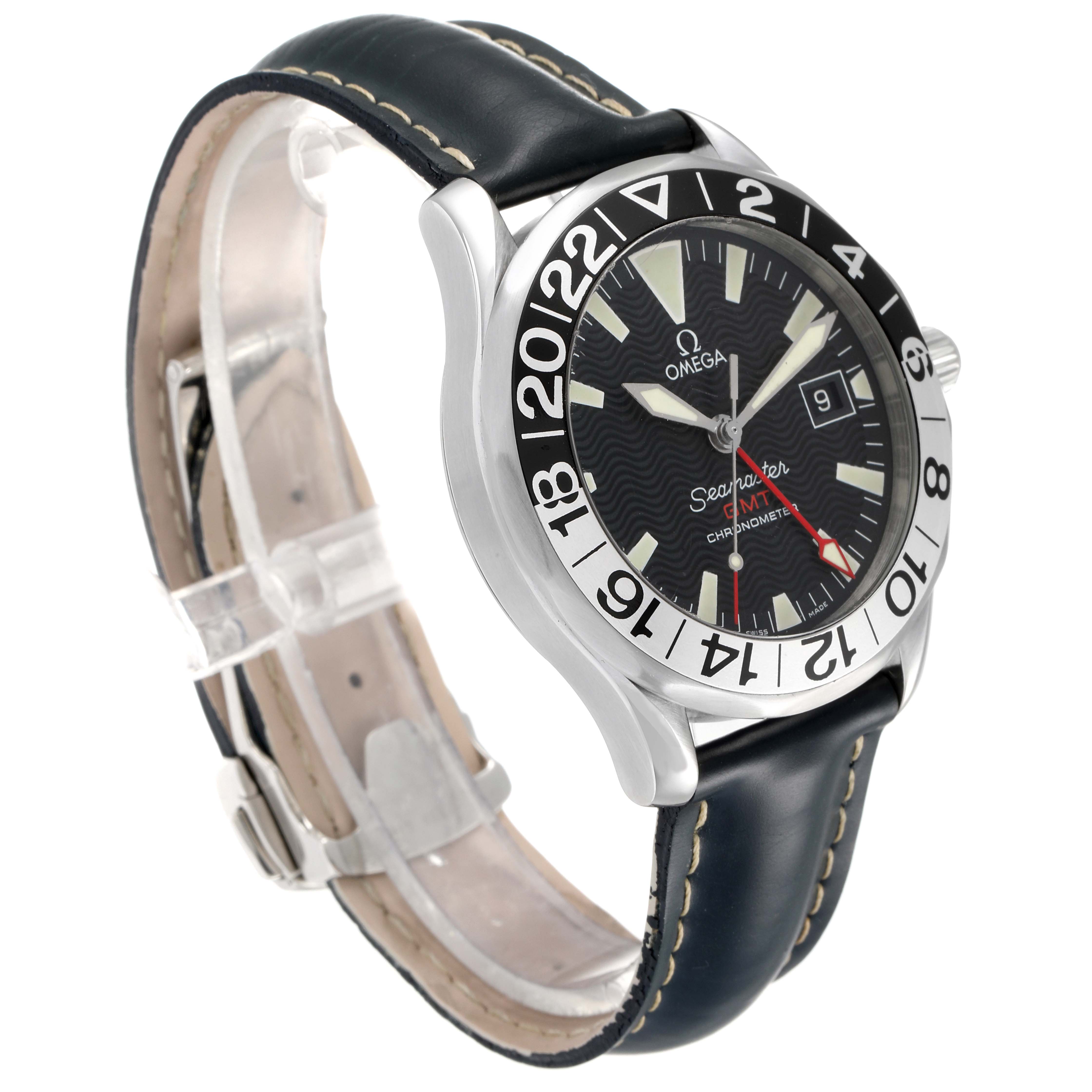 The Omega Seamaster 2534.50.00 Men
s Stainless Steel Black Dial 2534.50.00 Men
s Stainless Steel Black Dial watch is shown at a slight left-side angle, displaying the bezel, dial, and leather strap.