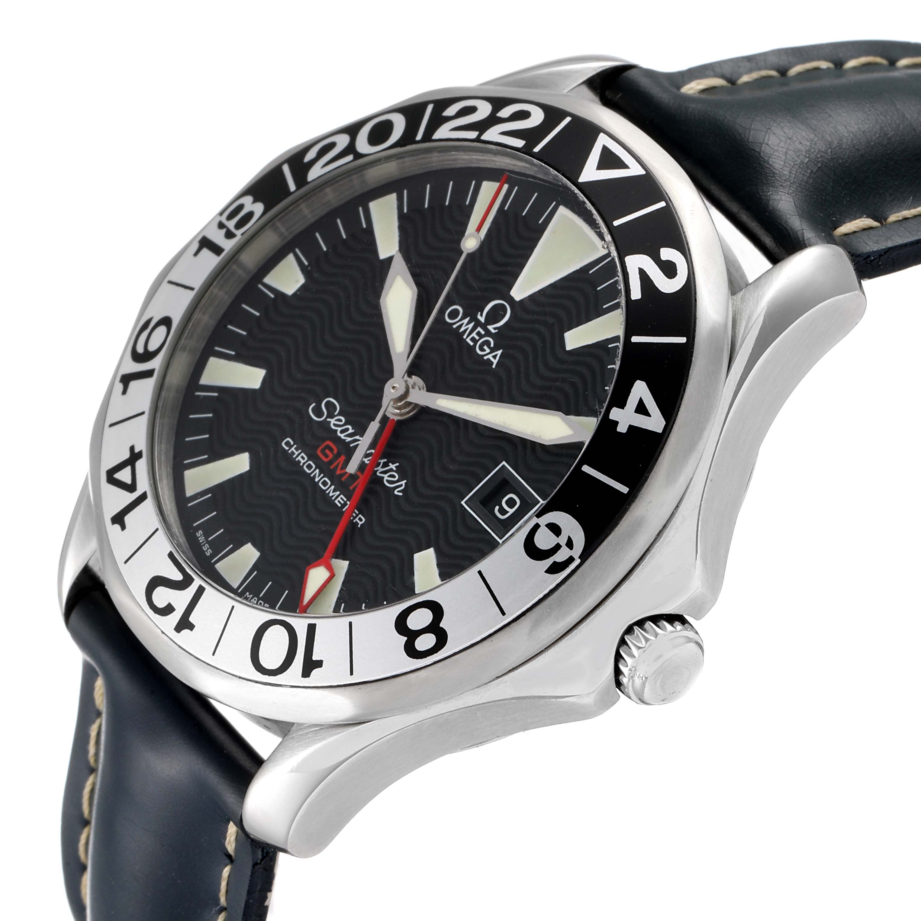 The image shows a close-up angle of an Omega Seamaster 2534.50.00 Men
s Stainless Steel Black Dial 2534.50.00 Men
s Stainless Steel Black Dial GMT watch, highlighting the bezel, dial, crown, and leather strap.