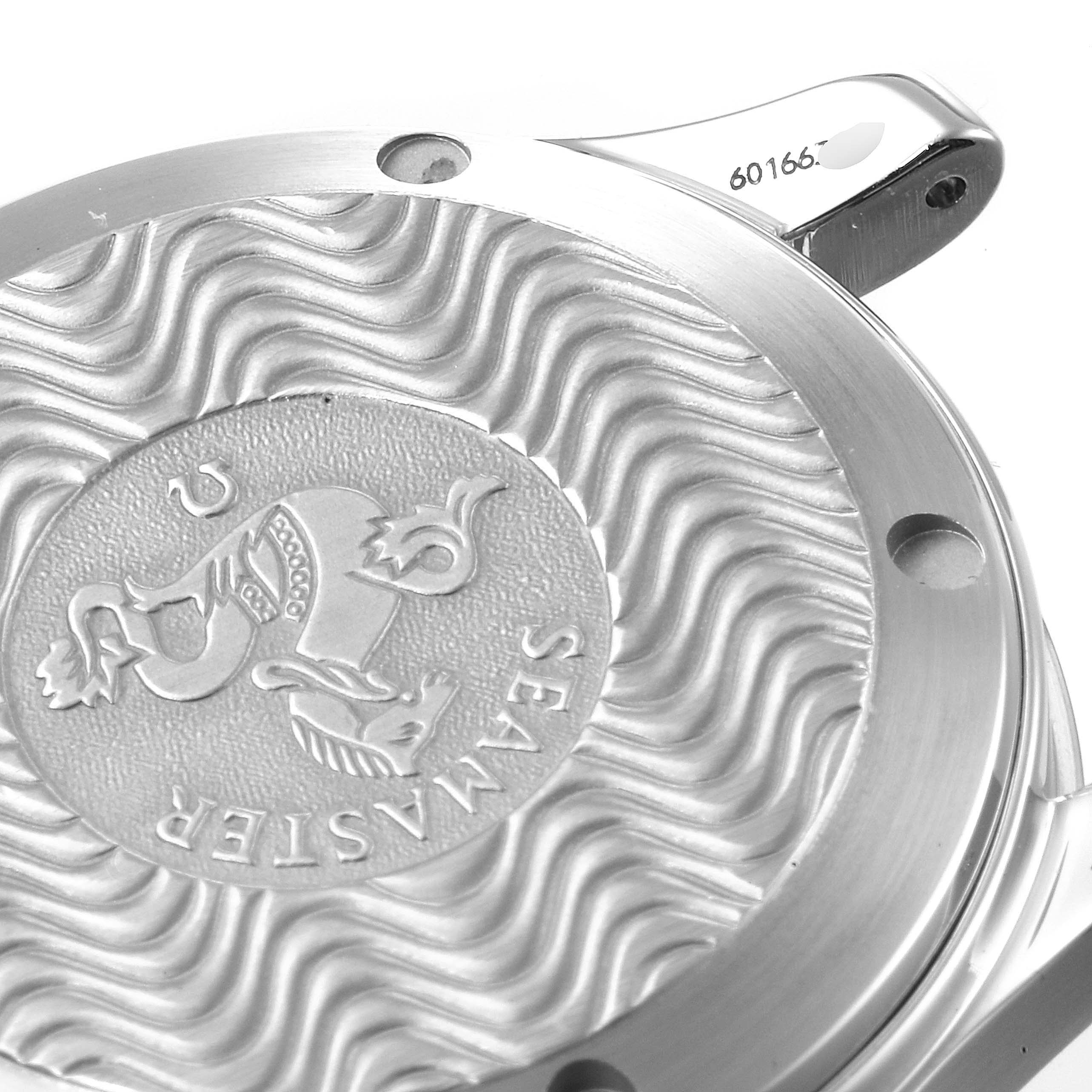 This image shows the engraved back and part of the case of an Omega Seamaster 2552.80.00 Men
s Stainless Steel Blue Dial 2552.80.00 Men
s Stainless Steel Blue Dial watch from an angled close-up view.