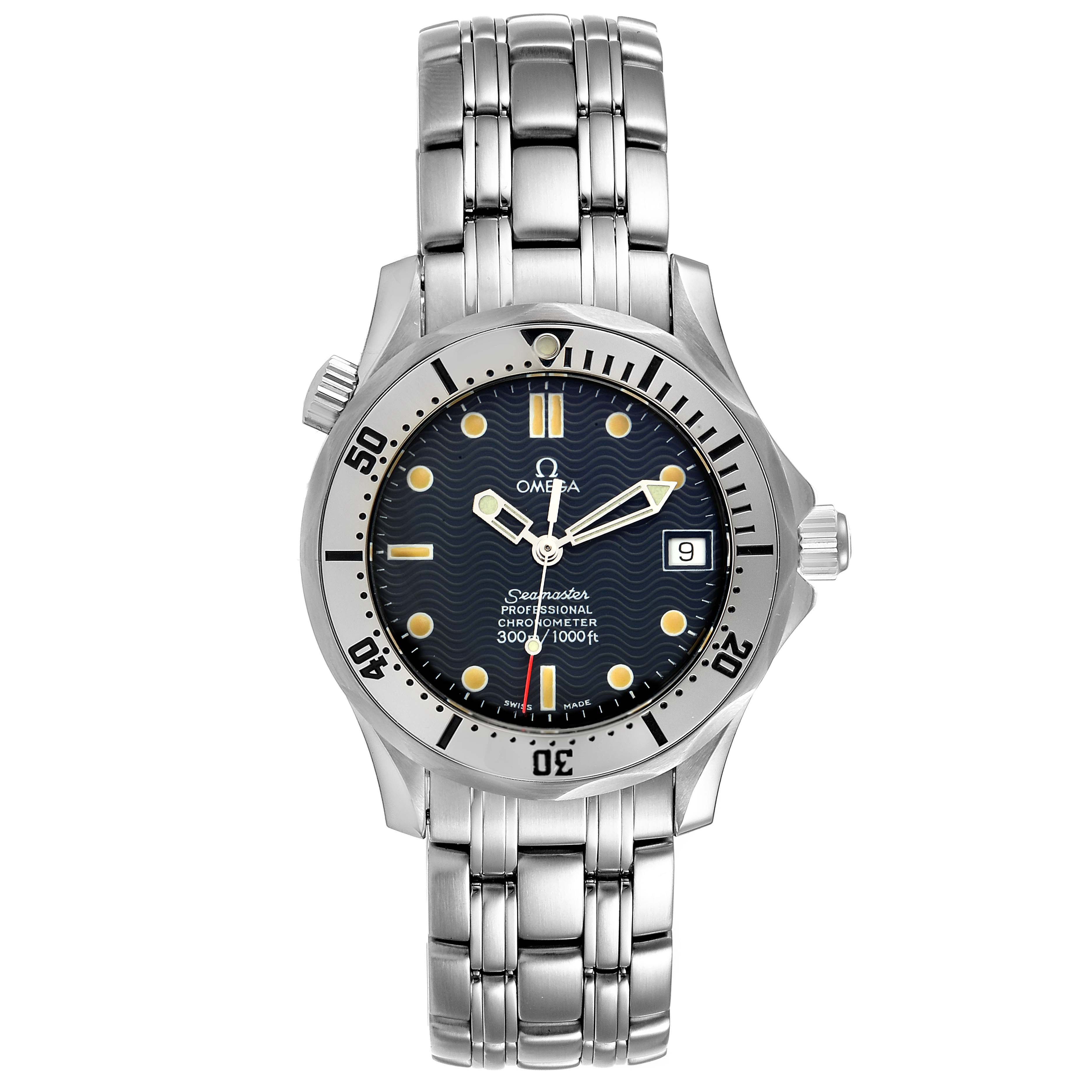 The image shows a front view of an Omega Seamaster 2552.80.00 Men
s Stainless Steel Blue Dial 2552.80.00 Men
s Stainless Steel Blue Dial watch, featuring the dial, hands, bezel, and stainless steel bracelet.