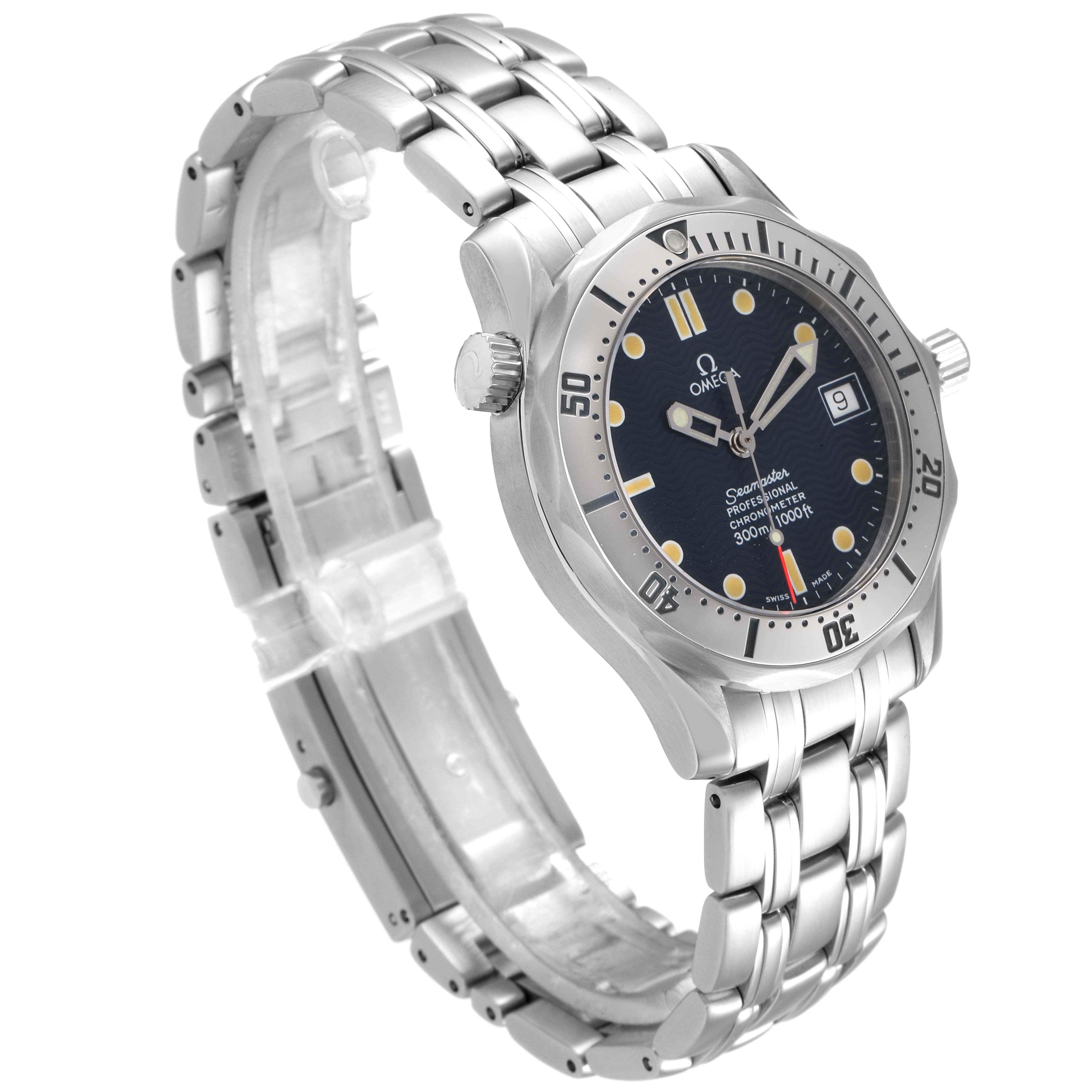 The Omega Seamaster 2552.80.00 Men
s Stainless Steel Blue Dial 2552.80.00 Men
s Stainless Steel Blue Dial watch is shown at an angled front-side view, displaying the face, bezel, crown, and metal bracelet.