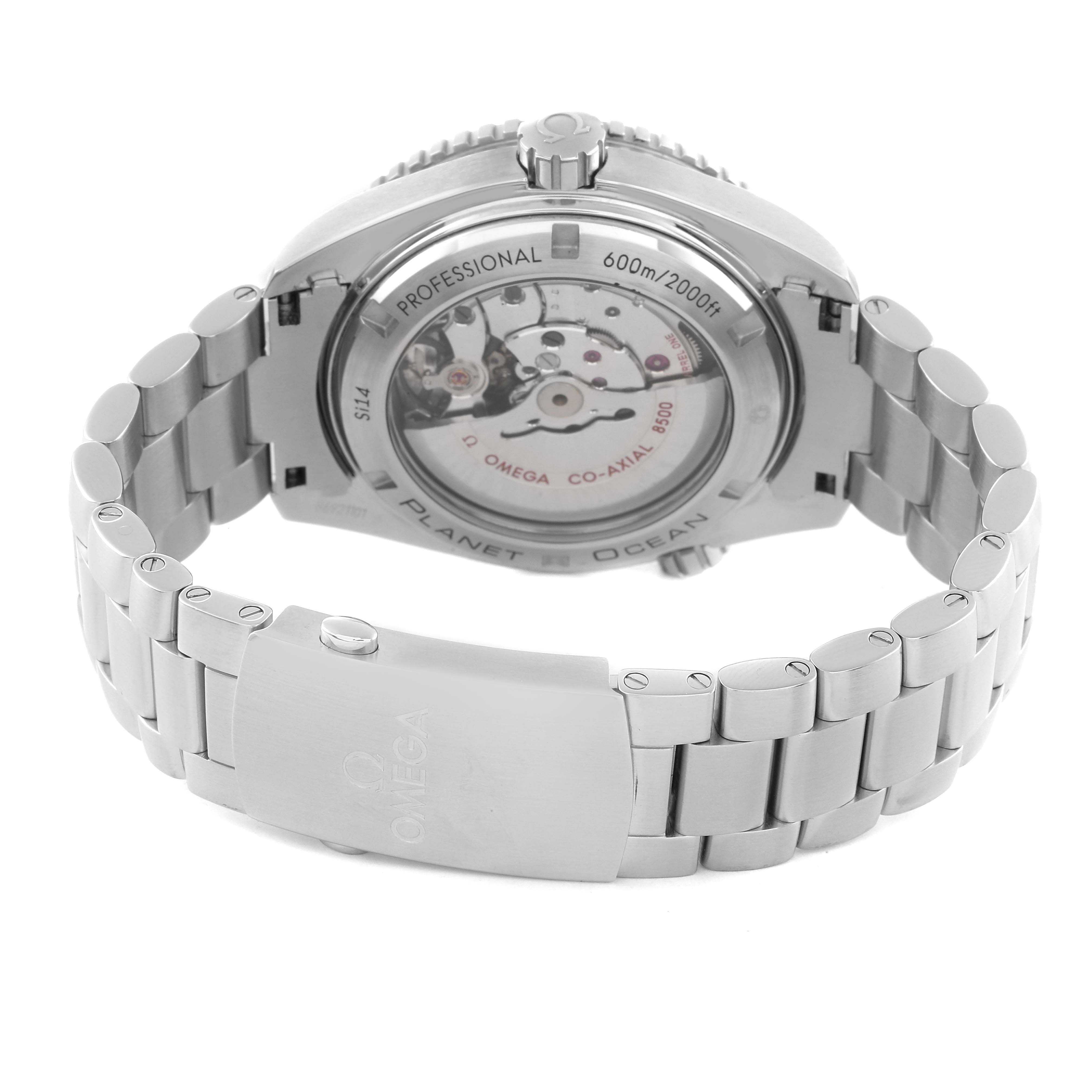 The image shows the back view of the Omega Planet Ocean 232.30.46.21.01.001 Men
s Stainless Steel Black Dial 232.30.46.21.01.001 Men
s Stainless Steel Black Dial watch, highlighting its case back, bracelet, and clasp.