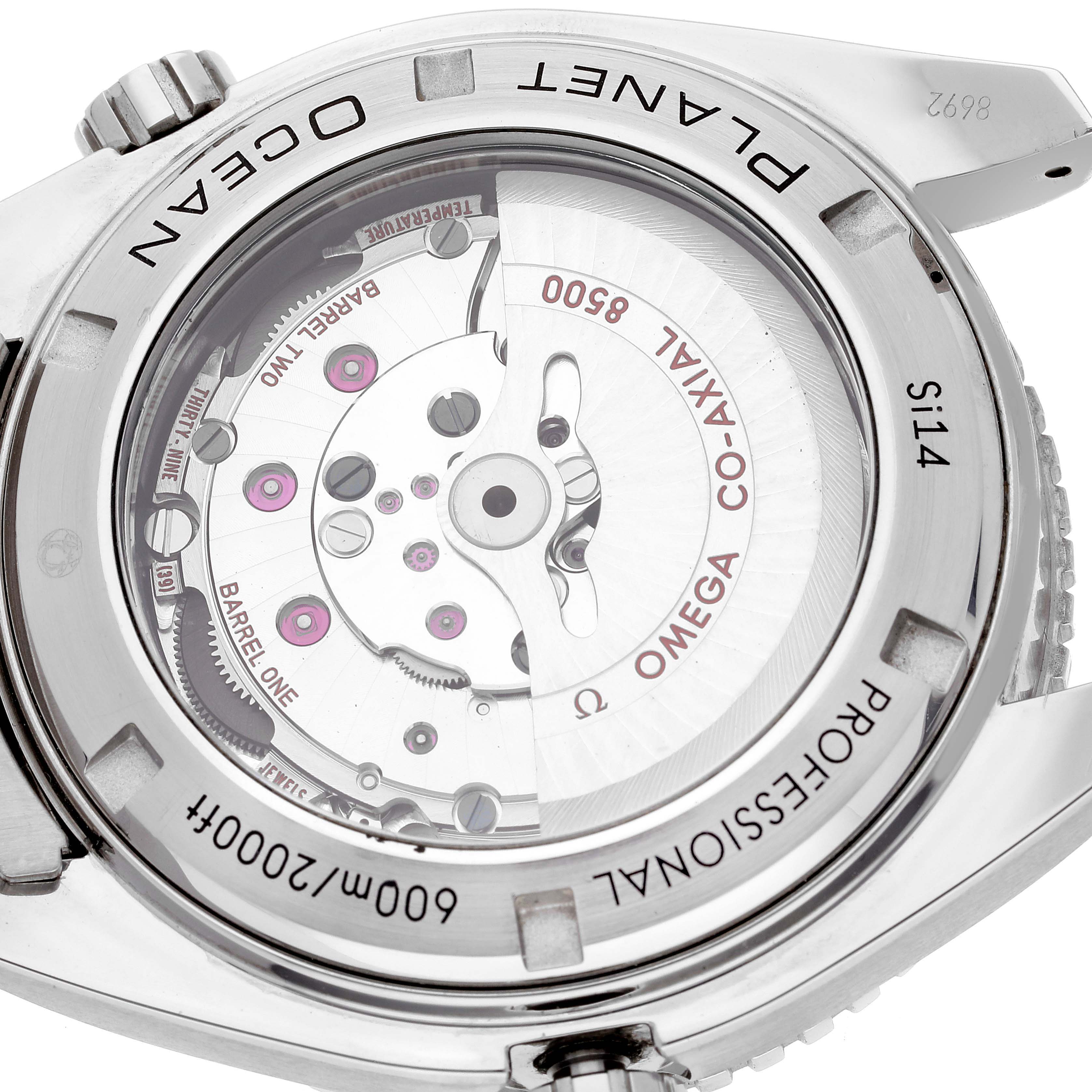 The image shows the transparent case back of an Omega Planet Ocean 232.30.46.21.01.001 Men
s Stainless Steel Black Dial 232.30.46.21.01.001 Men
s Stainless Steel Black Dial watch, highlighting its Co-Axial 8500 movement.