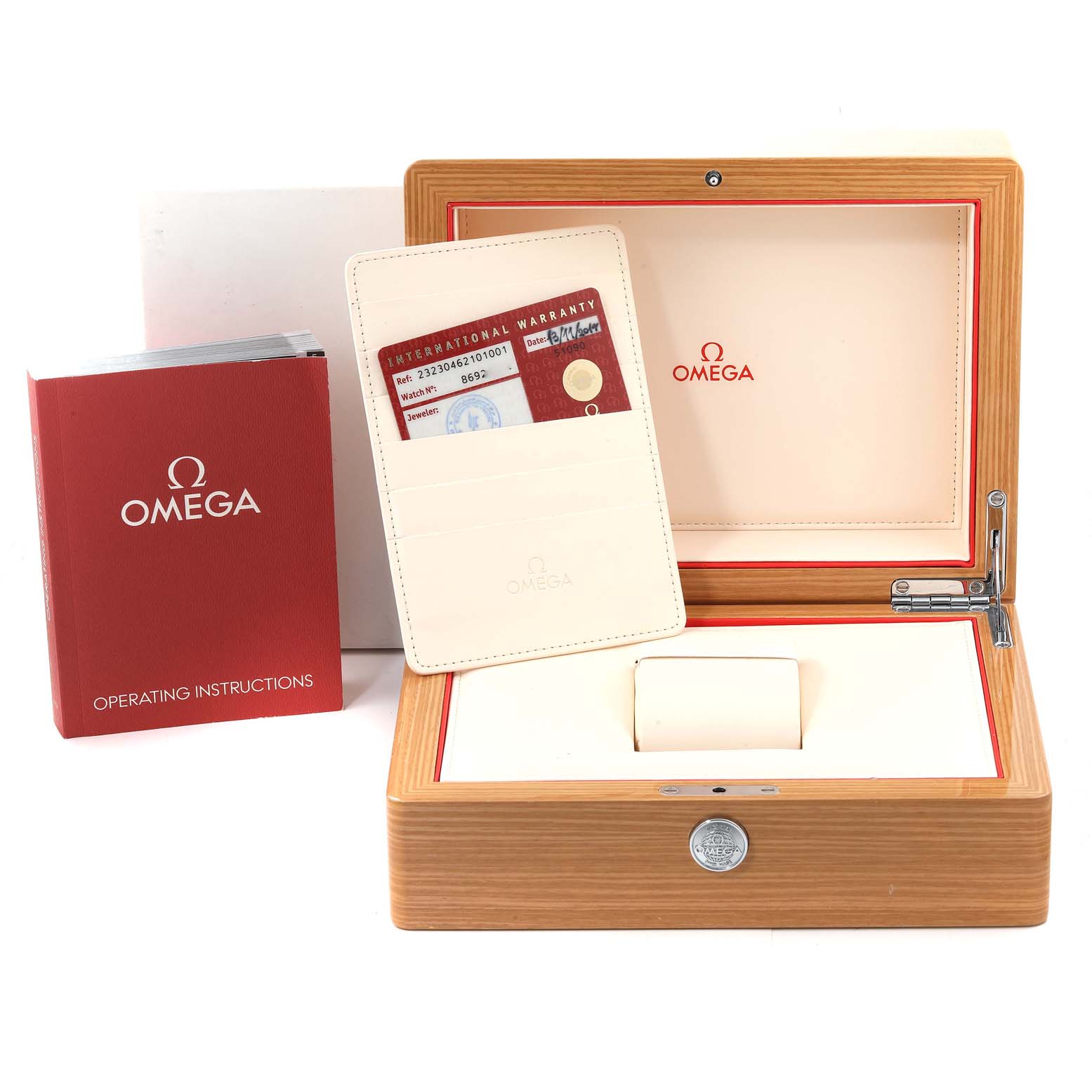 This image shows the Omega Planet Ocean 232.30.46.21.01.001 Men
s Stainless Steel Black Dial 232.30.46.21.01.001 Men
s Stainless Steel Black Dial watch box, warranty card, and operating instructions from a slightly elevated front angle.