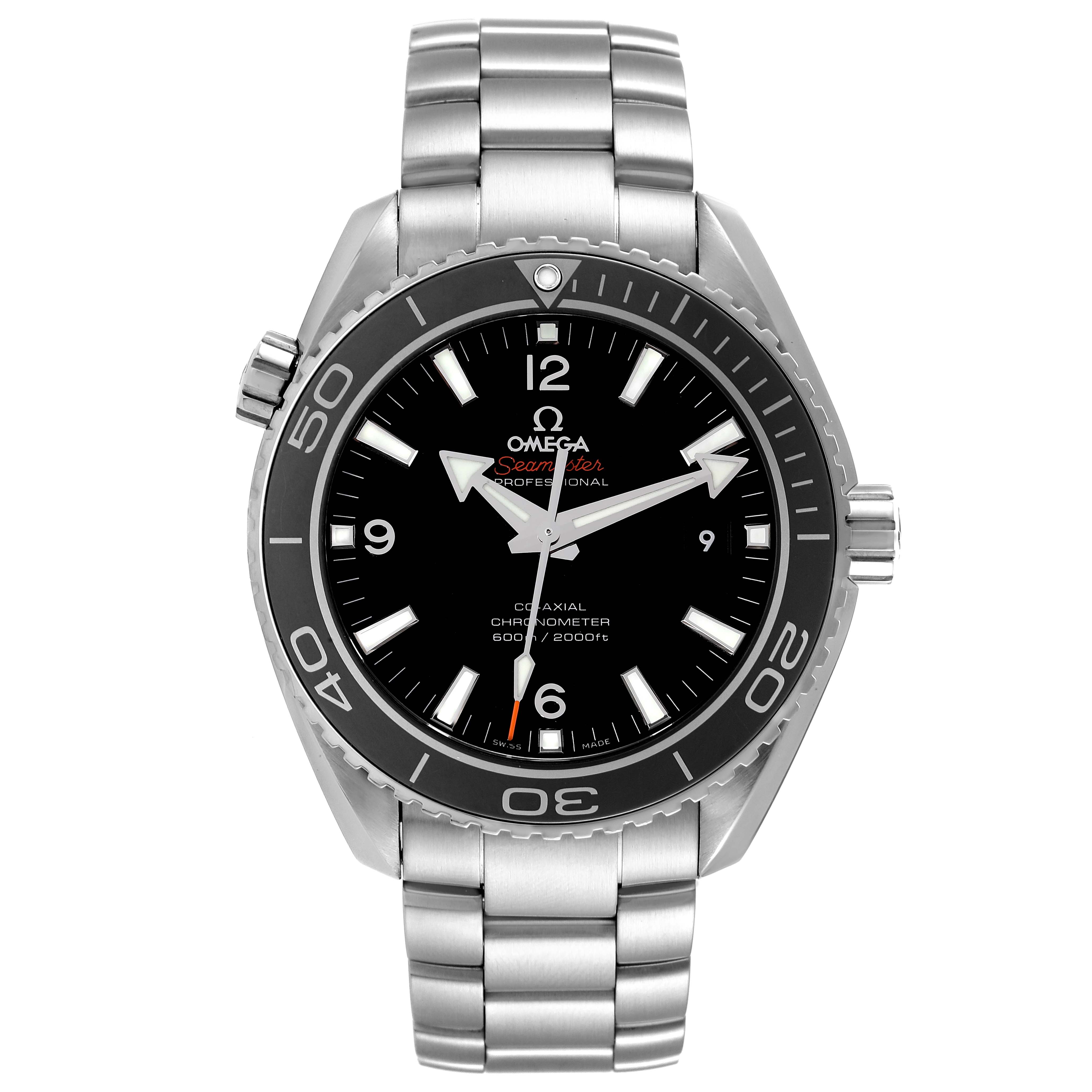 This image shows a front view of the Omega Planet Ocean 232.30.46.21.01.001 Men
s Stainless Steel Black Dial 232.30.46.21.01.001 Men
s Stainless Steel Black Dial model watch, displaying its face, bezel, crown, and bracelet.