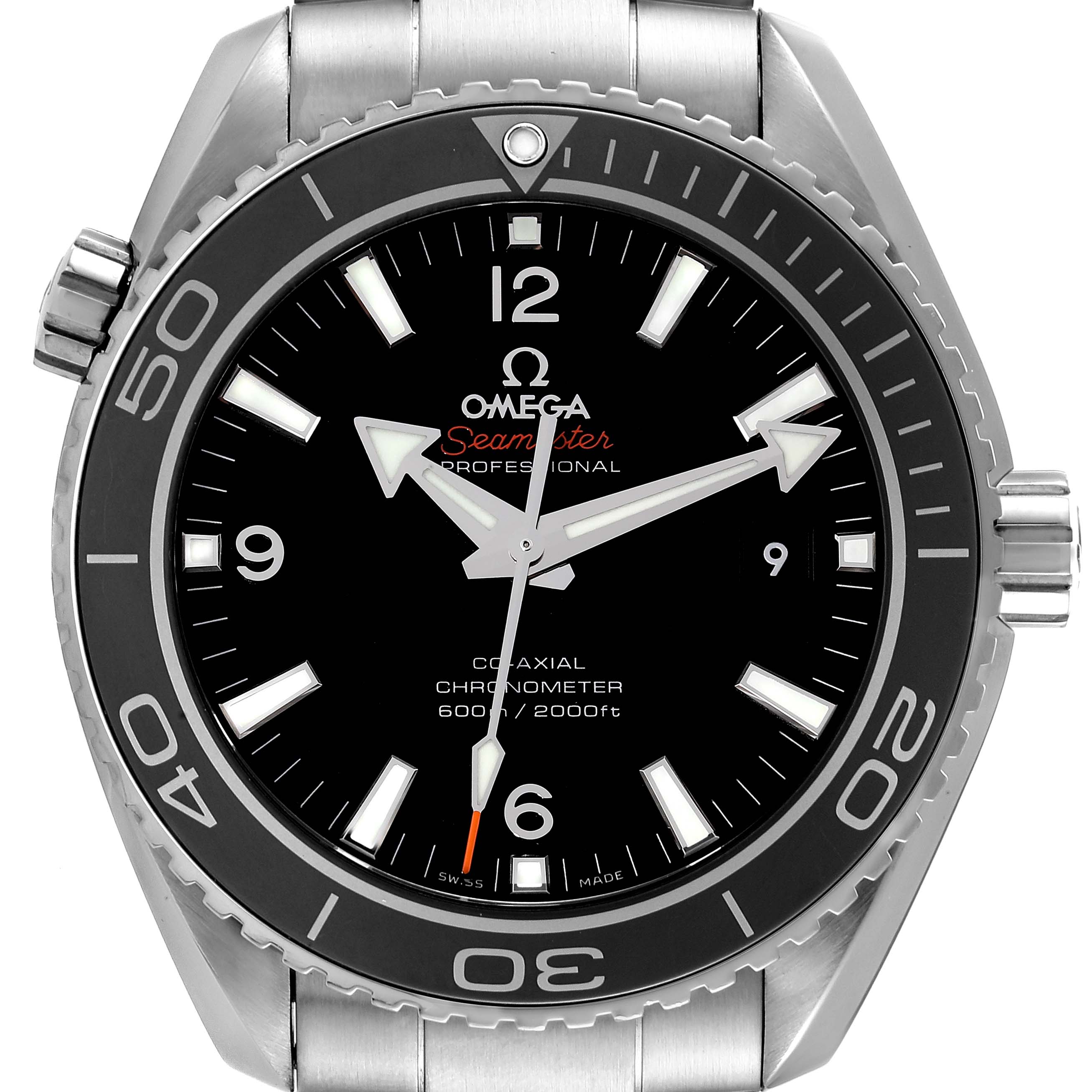 The image shows a front view of the Omega Planet Ocean 232.30.46.21.01.001 Men
s Stainless Steel Black Dial 232.30.46.21.01.001 Men
s Stainless Steel Black Dial watch, highlighting its dial and bezel.