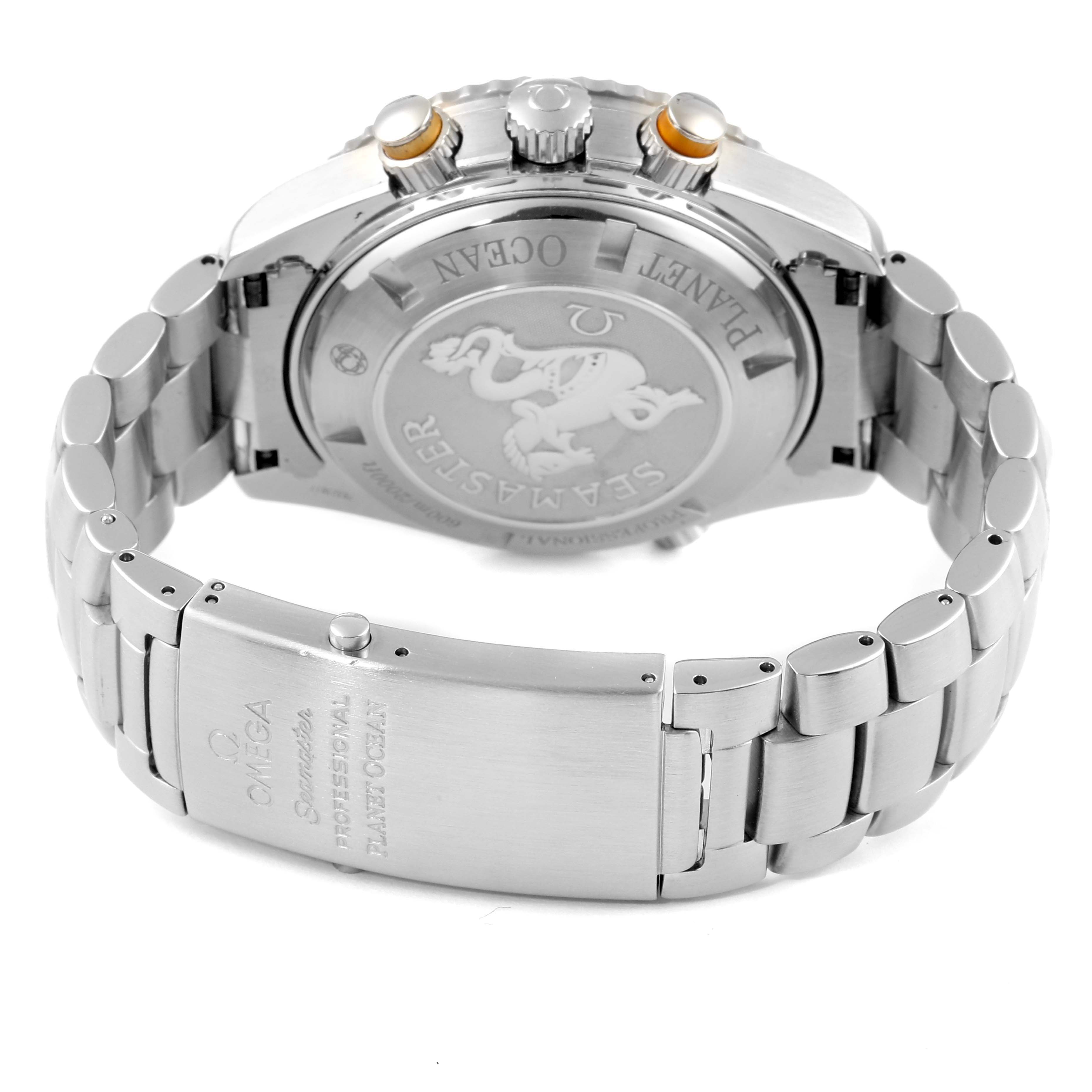 This is a rear view of the Omega Seamaster Planet Ocean watch, showing the metal bracelet, clasp, and case back.