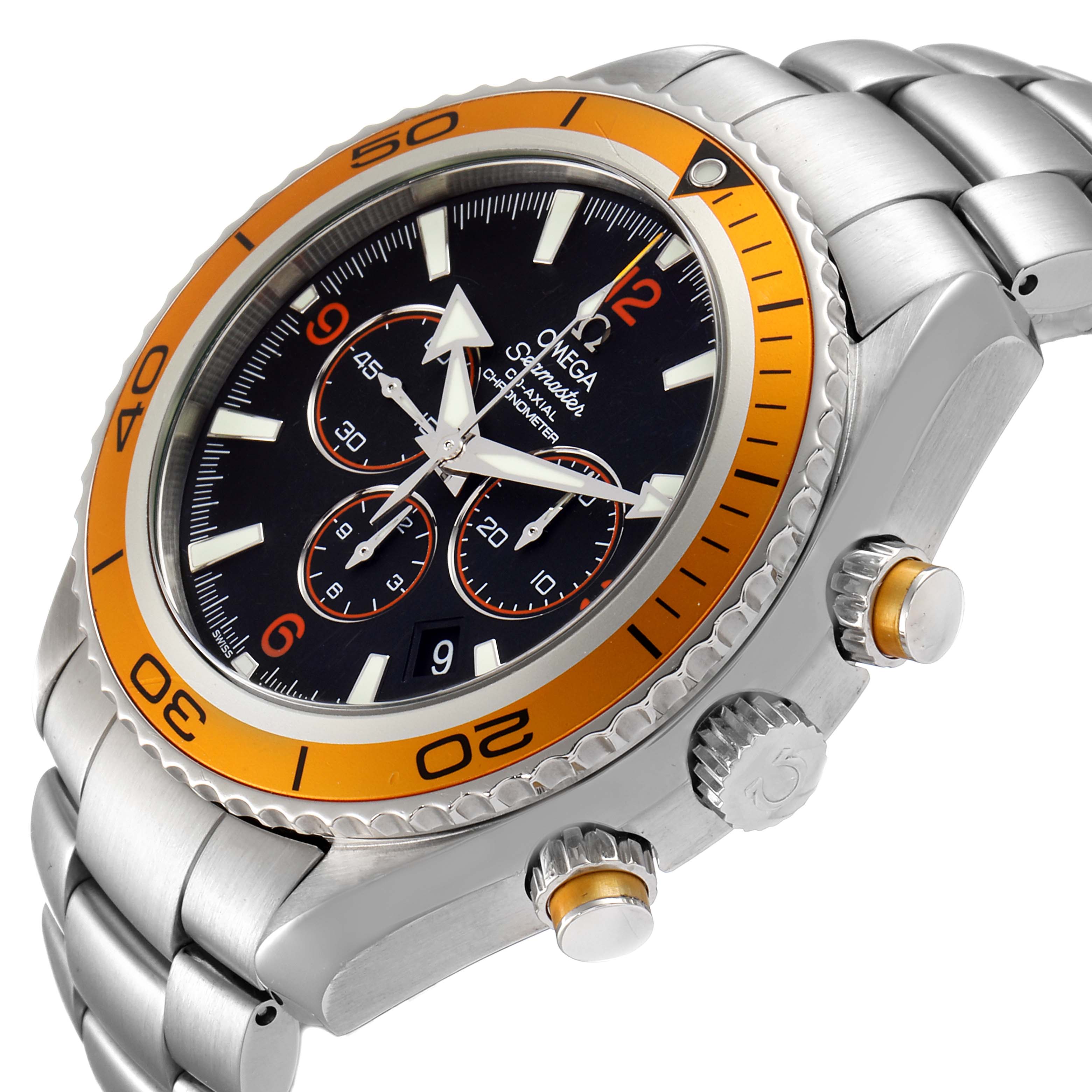 The image shows an angled view of the Omega Planet Ocean 2218.50.00 Men
s Stainless Steel Black Dial 2218.50.00 Men
s Stainless Steel Black Dial watch, highlighting its bezel, dial, crown, and stainless steel bracelet.