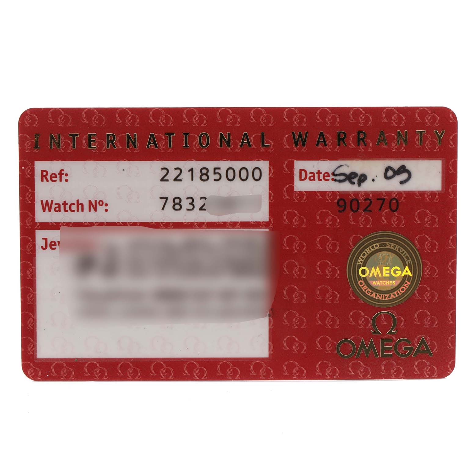 This image shows the international warranty card for the Omega Planet Ocean 2218.50.00 Men
s Stainless Steel Black Dial 2218.50.00 Men
s Stainless Steel Black Dial model.