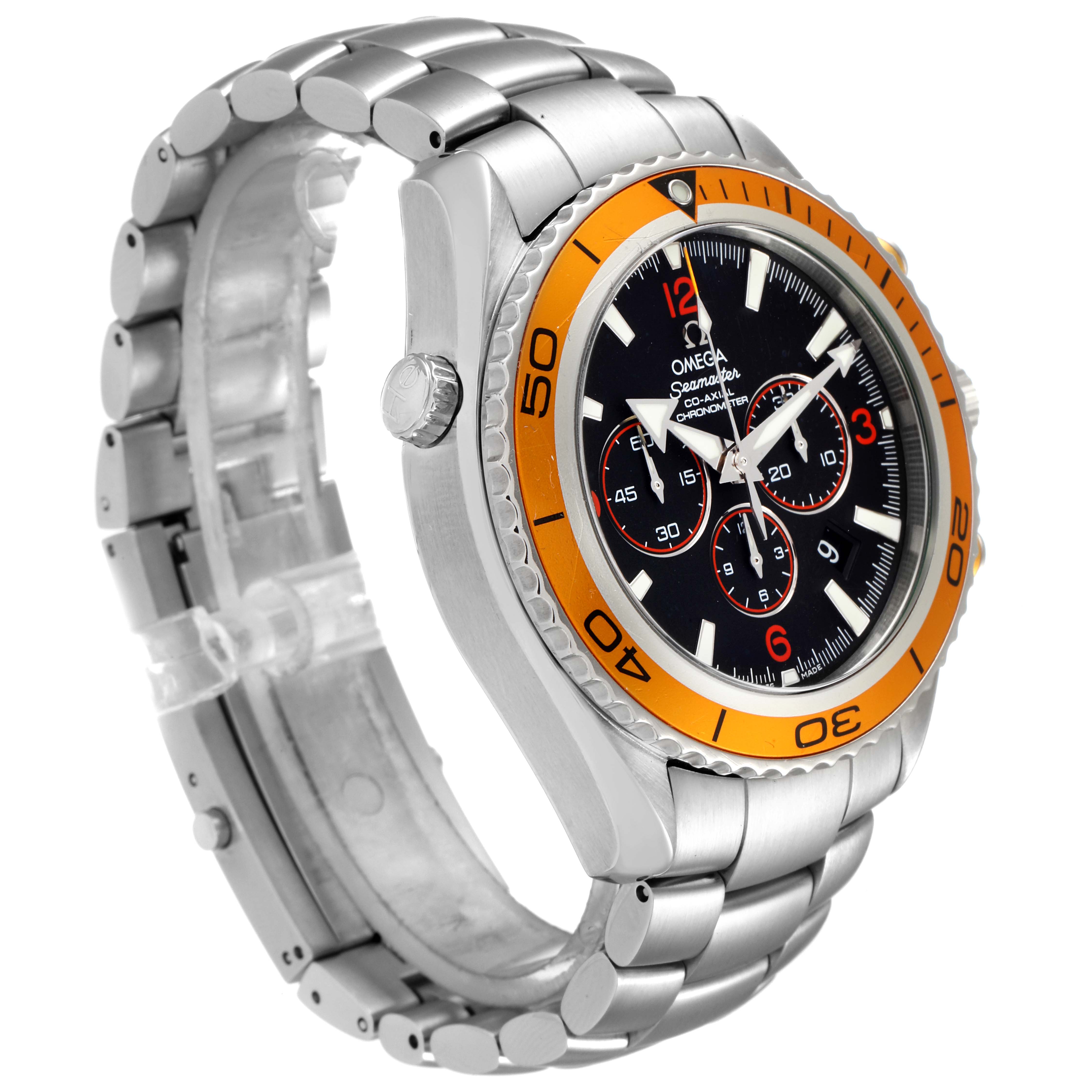 The image shows an Omega Planet Ocean 2218.50.00 Men
s Stainless Steel Black Dial 2218.50.00 Men
s Stainless Steel Black Dial watch from a side angle, displaying its face, bezel, crown, and metal bracelet.