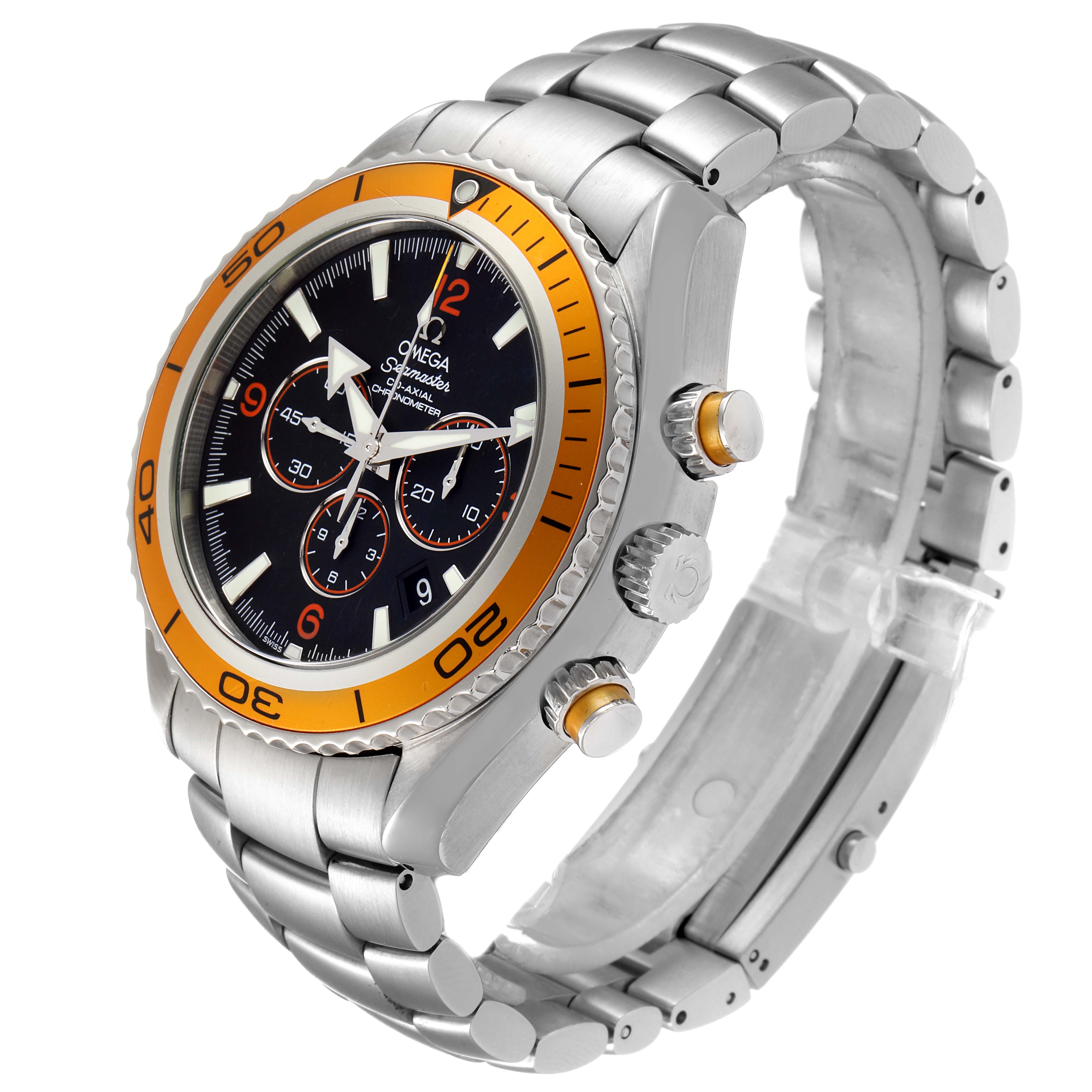 The image shows a left front angled view of the Omega Planet Ocean 2218.50.00 Men
s Stainless Steel Black Dial 2218.50.00 Men
s Stainless Steel Black Dial watch, highlighting its face, bezel, and bracelet.