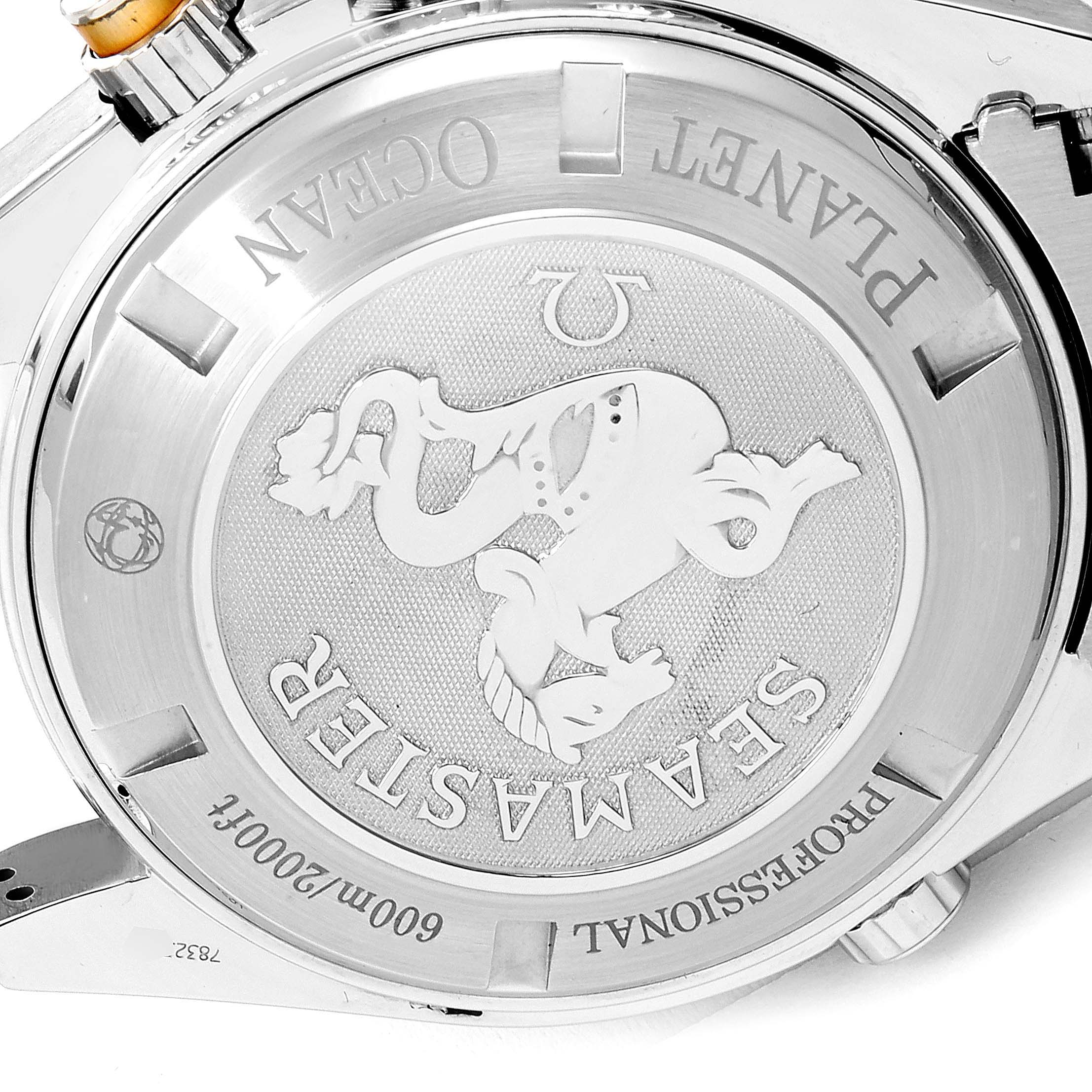 The image shows the case back of an Omega Planet Ocean 2218.50.00 Men
s Stainless Steel Black Dial 2218.50.00 Men
s Stainless Steel Black Dial Seamaster watch, highlighting the engraved logo and model details.