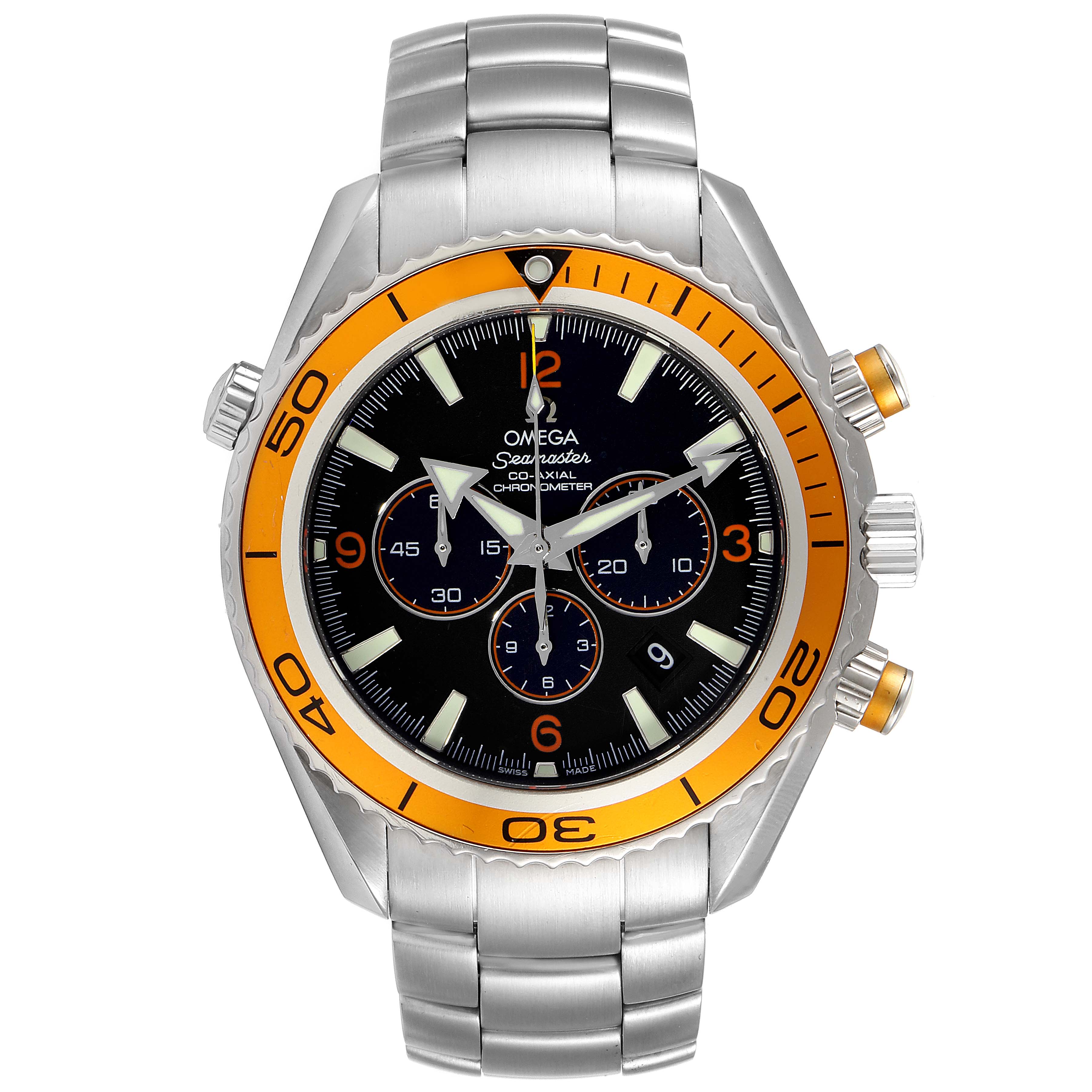 The image shows a front view of the Omega Planet Ocean 2218.50.00 Men
s Stainless Steel Black Dial 2218.50.00 Men
s Stainless Steel Black Dial watch, highlighting the face, bezel, and bracelet.