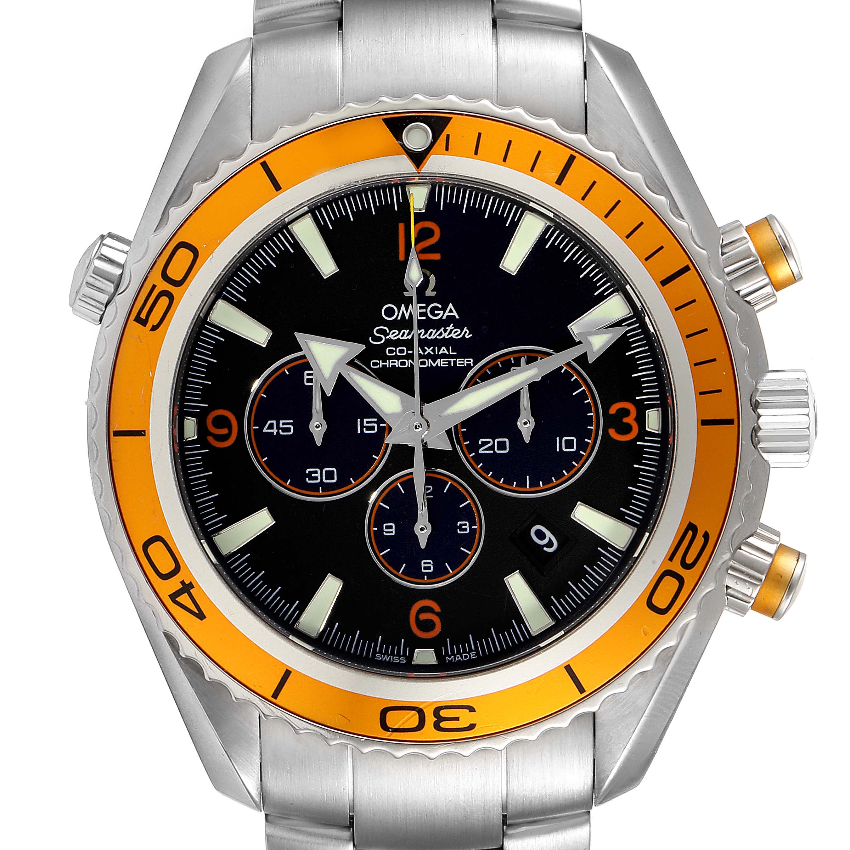 The image shows a front view of an Omega Planet Ocean 2218.50.00 Men
s Stainless Steel Black Dial 2218.50.00 Men
s Stainless Steel Black Dial watch, highlighting its dial, bezel, and parts of the bracelet.