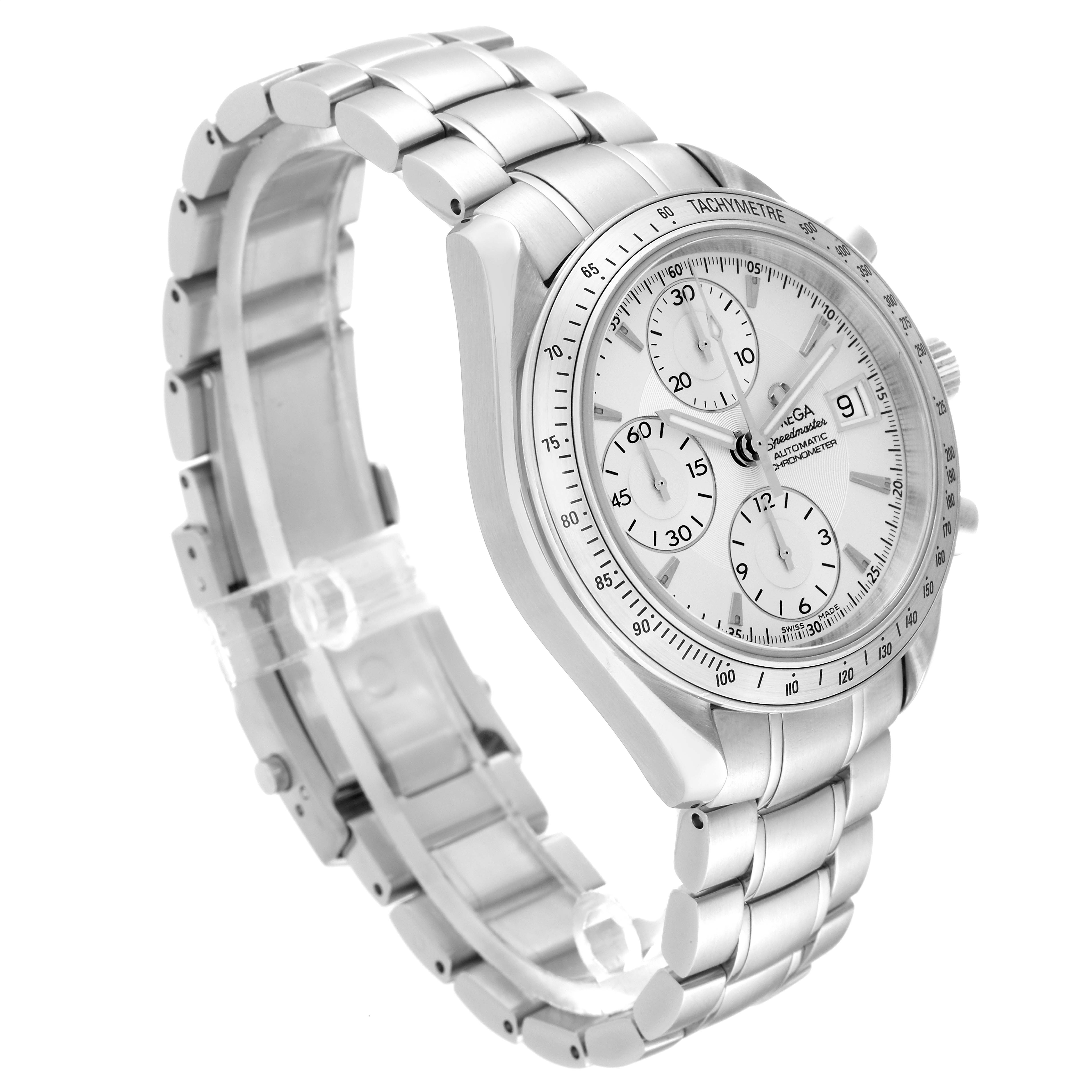 The image shows an Omega Speedmaster 3211.30.00 Men
s Stainless Steel Silver Dial 3211.30.00 Men
s Stainless Steel Silver Dial watch at a three-quarter angle, highlighting its face, bezel, and stainless steel bracelet.