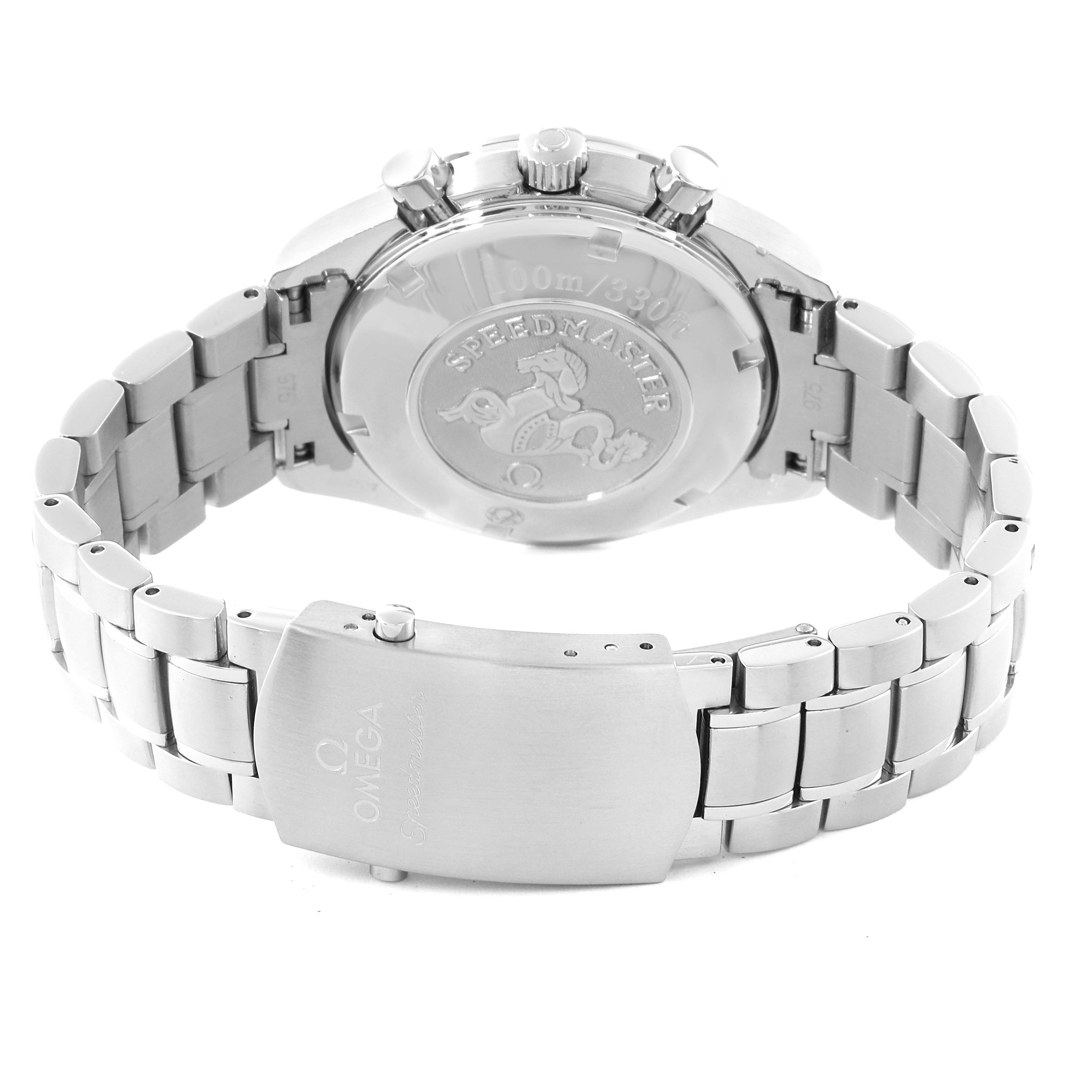 The image shows the back and bracelet of an Omega Speedmaster 3211.30.00 Men
s Stainless Steel Silver Dial 3211.30.00 Men
s Stainless Steel Silver Dial watch, highlighting the case back and clasp.