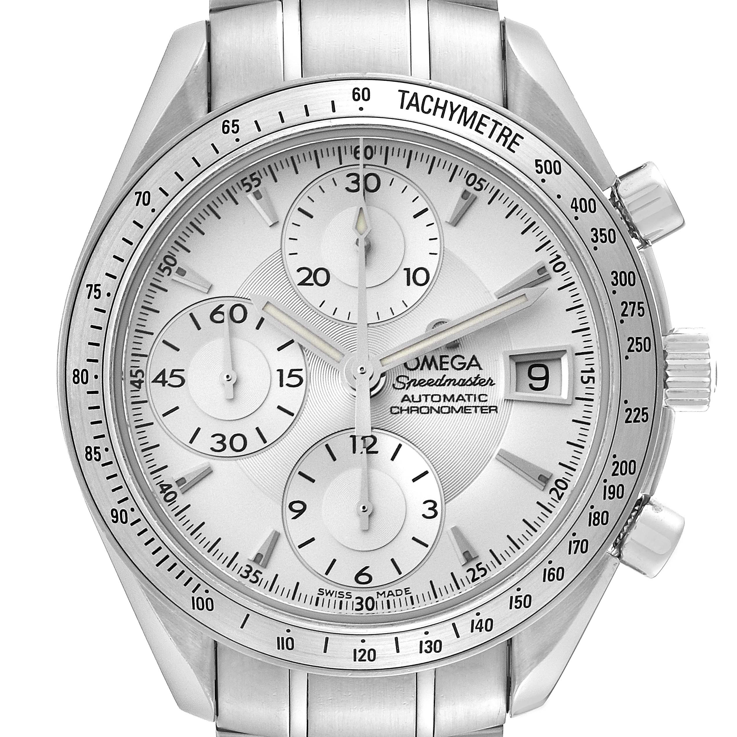 This Omega Speedmaster 3211.30.00 Men
s Stainless Steel Silver Dial 3211.30.00 Men
s Stainless Steel Silver Dial watch is shown from a front angle, displaying its dial, subdials, tachymeter, date window, and metal band.