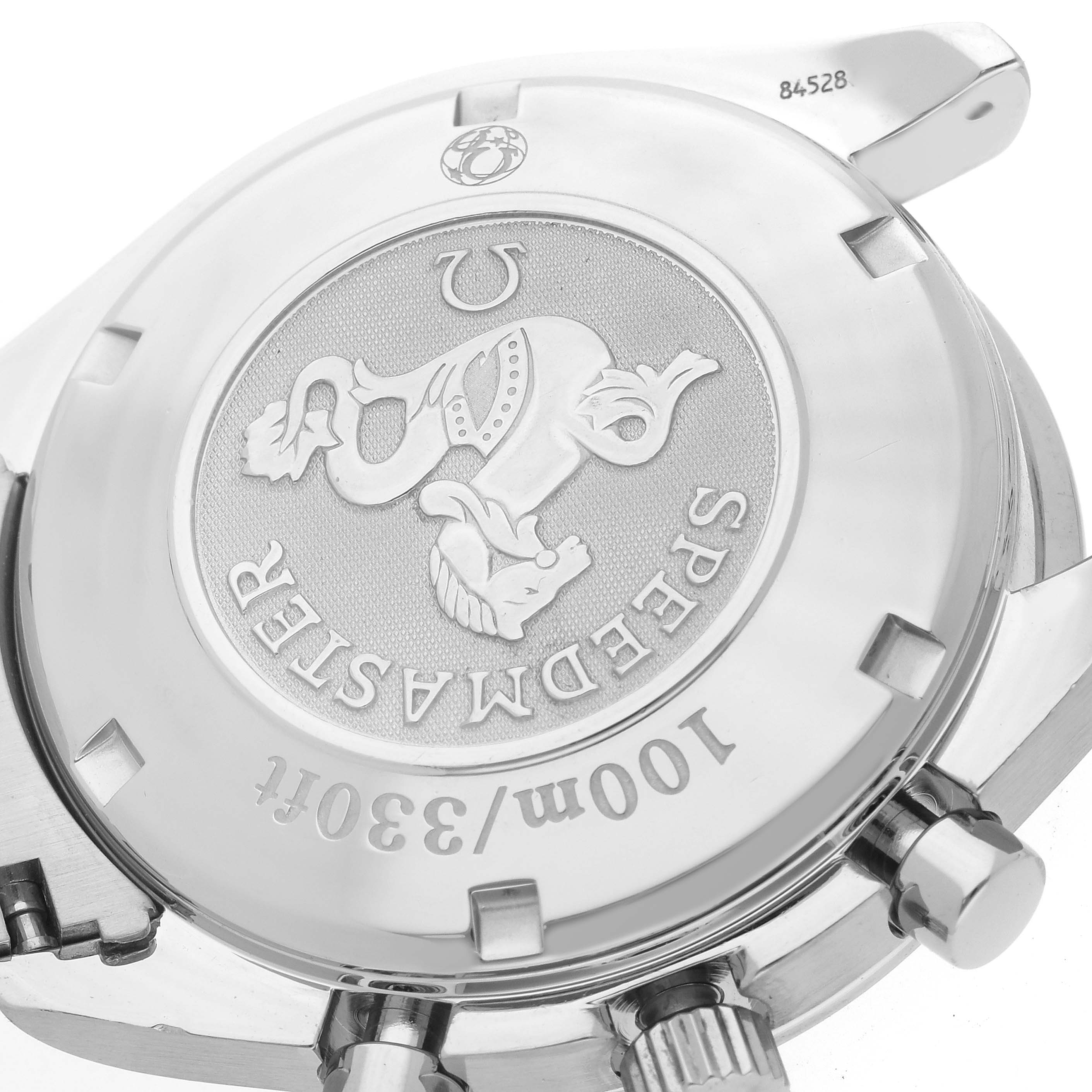 The image shows the case back of an Omega Speedmaster 3211.30.00 Men
s Stainless Steel Silver Dial 3211.30.00 Men
s Stainless Steel Silver Dial, displaying text and logo details.