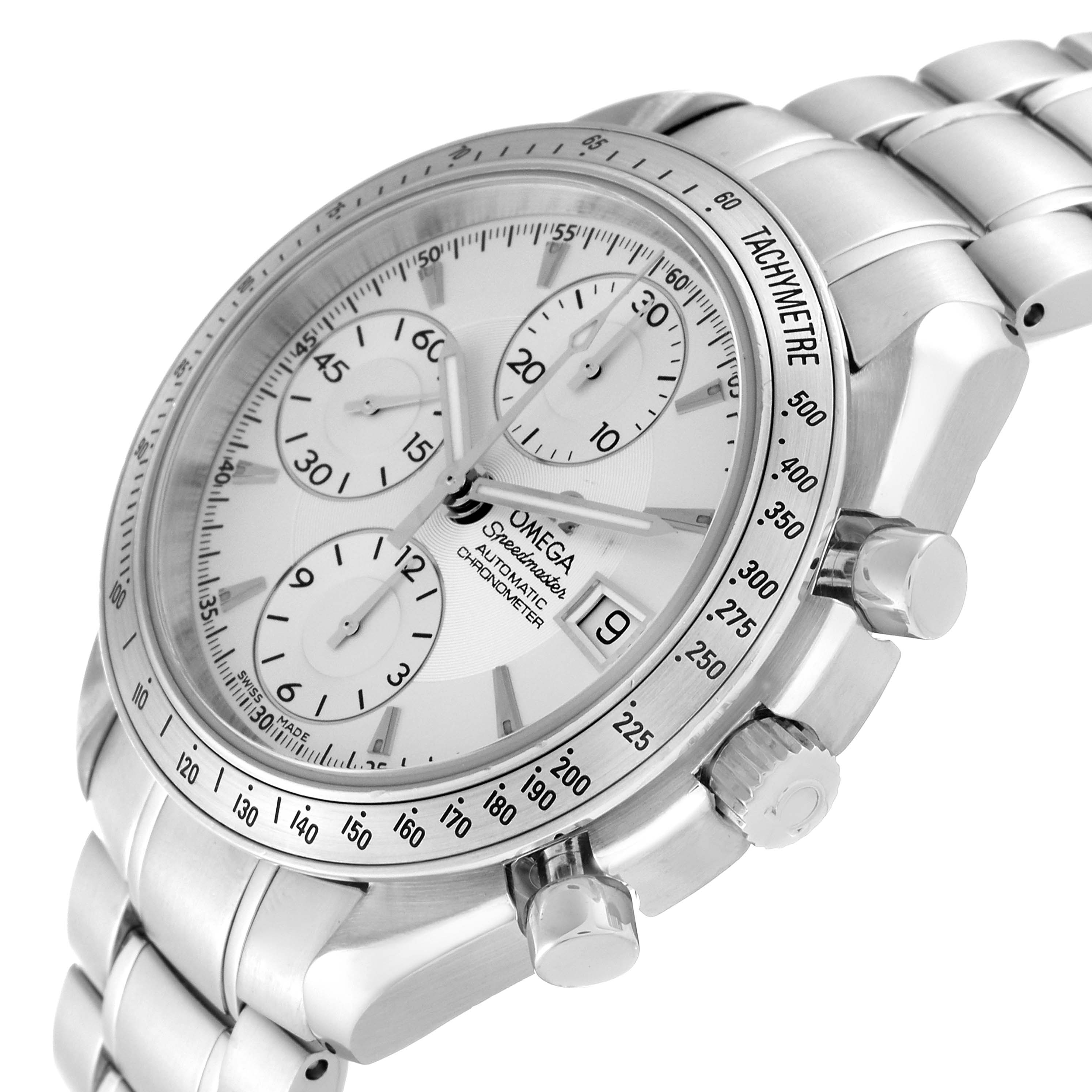 The image shows an angled view of the Omega Speedmaster 3211.30.00 Men
s Stainless Steel Silver Dial 3211.30.00 Men
s Stainless Steel Silver Dial watch featuring the dial, subdials, bezel, and chronograph pushers.