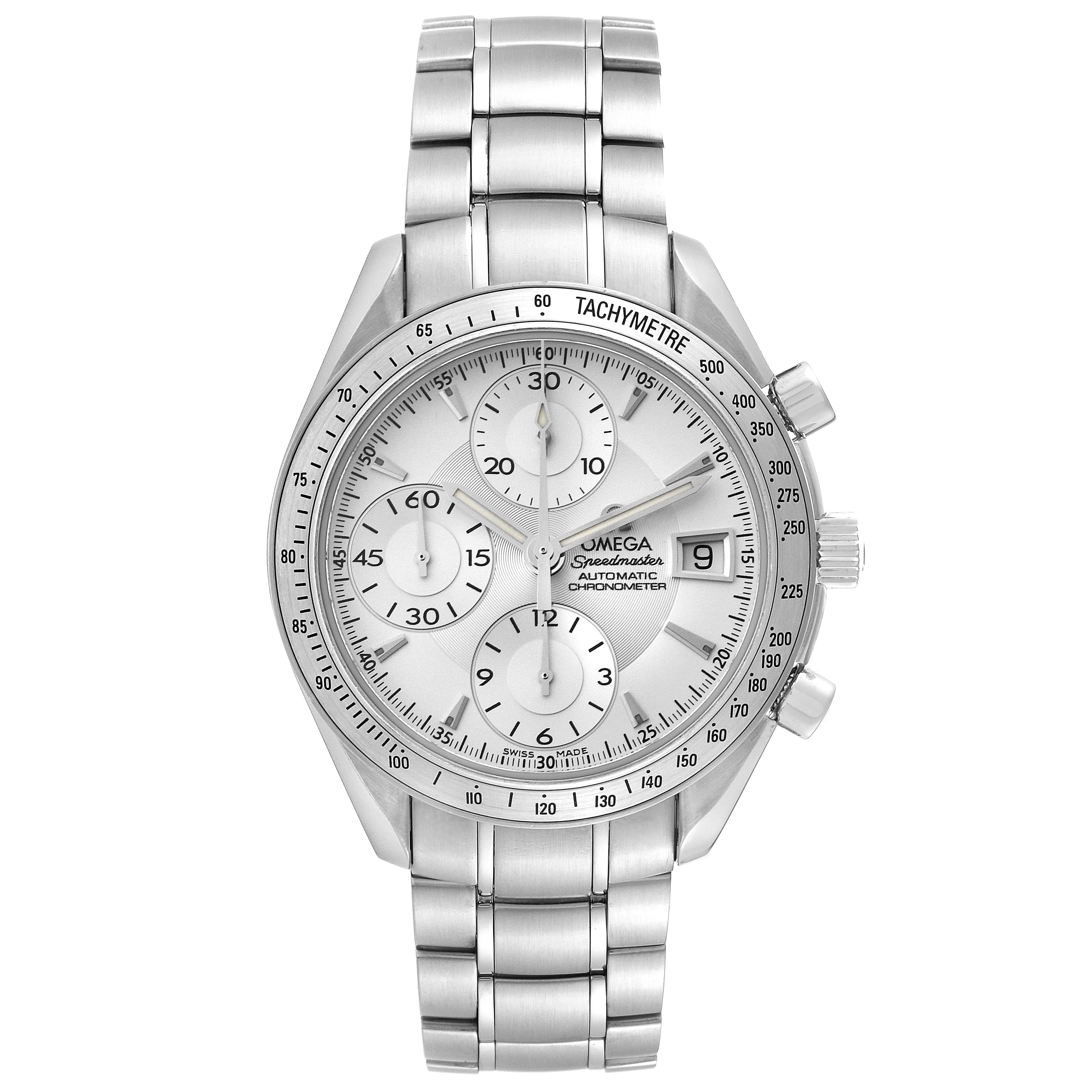 This image shows a front view of an Omega Speedmaster 3211.30.00 Men
s Stainless Steel Silver Dial 3211.30.00 Men
s Stainless Steel Silver Dial watch displaying its face, dials, and stainless steel bracelet.