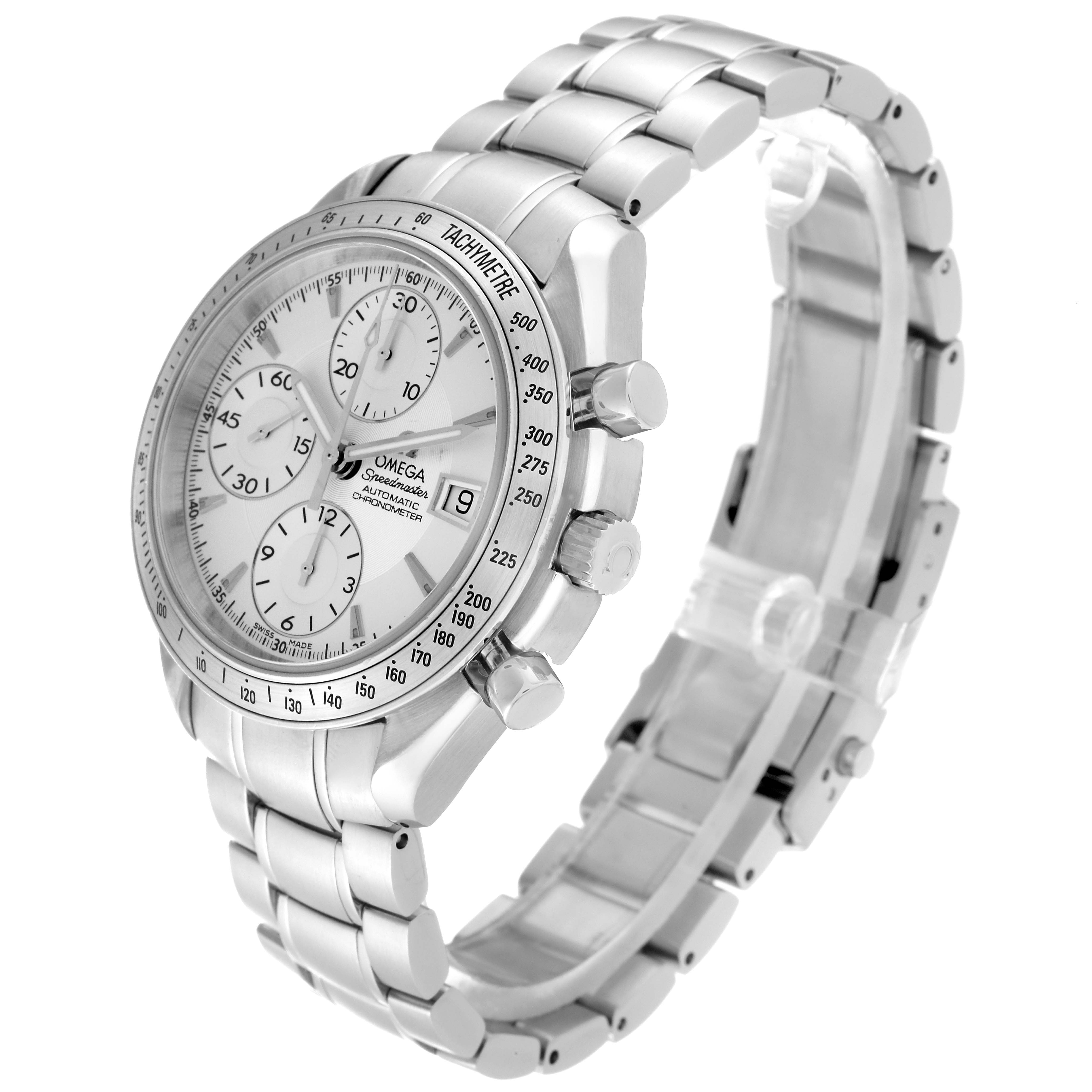 The Omega Speedmaster 3211.30.00 Men
s Stainless Steel Silver Dial 3211.30.00 Men
s Stainless Steel Silver Dial watch is shown from a three-quarter angle, displaying the face, bezel, chronograph dials, and metal bracelet.