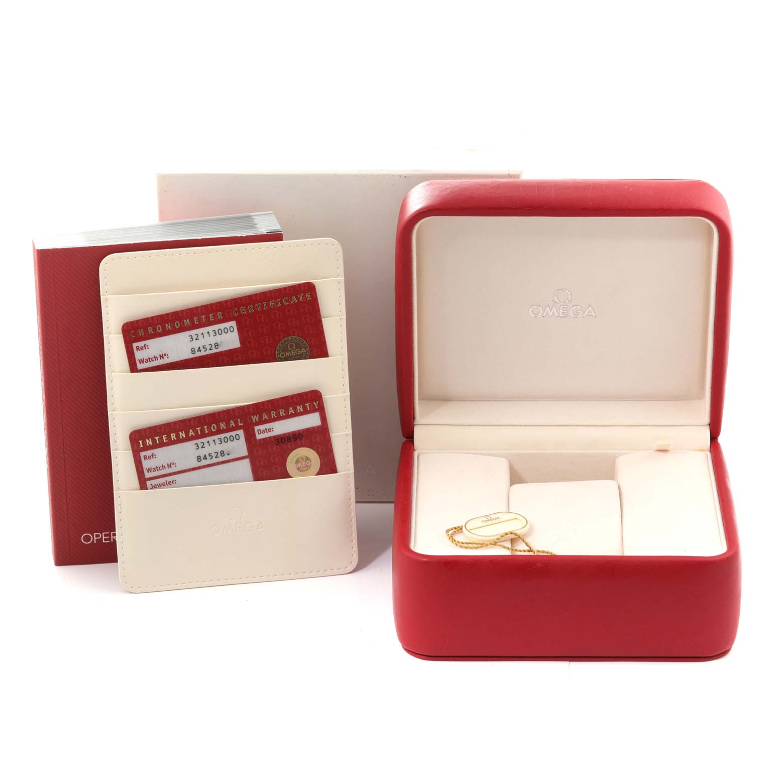 The image shows the Omega Speedmaster 3211.30.00 Men
s Stainless Steel Silver Dial 3211.30.00 Men
s Stainless Steel Silver Dial packaging, including a red box, operation manual, warranty cards, and a certificate.