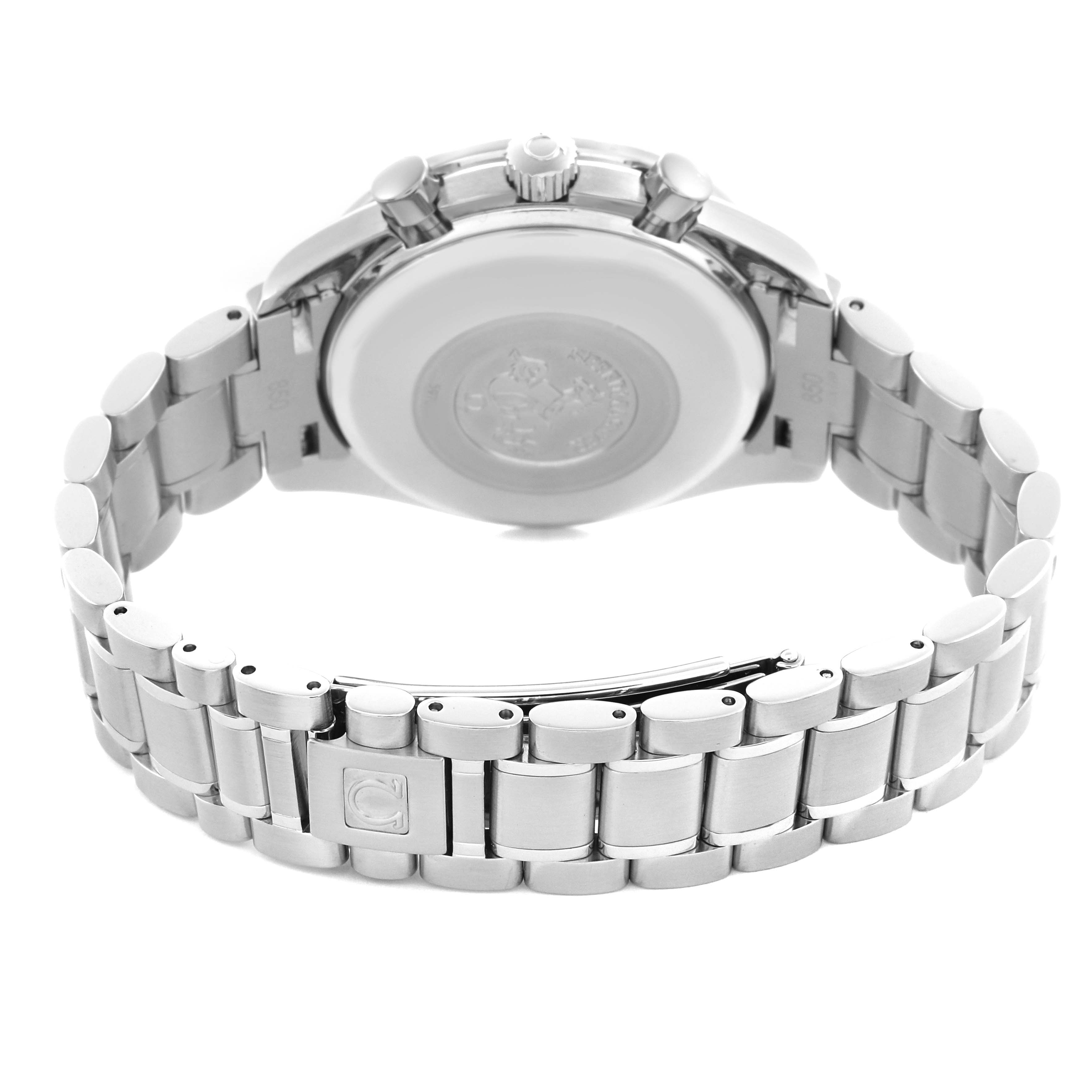 This image shows the back and bracelet of the Omega Speedmaster 3513.54.00 Men
s Stainless Steel Black Dial 3513.54.00 Men
s Stainless Steel Black Dial, highlighting the clasp and case back details.