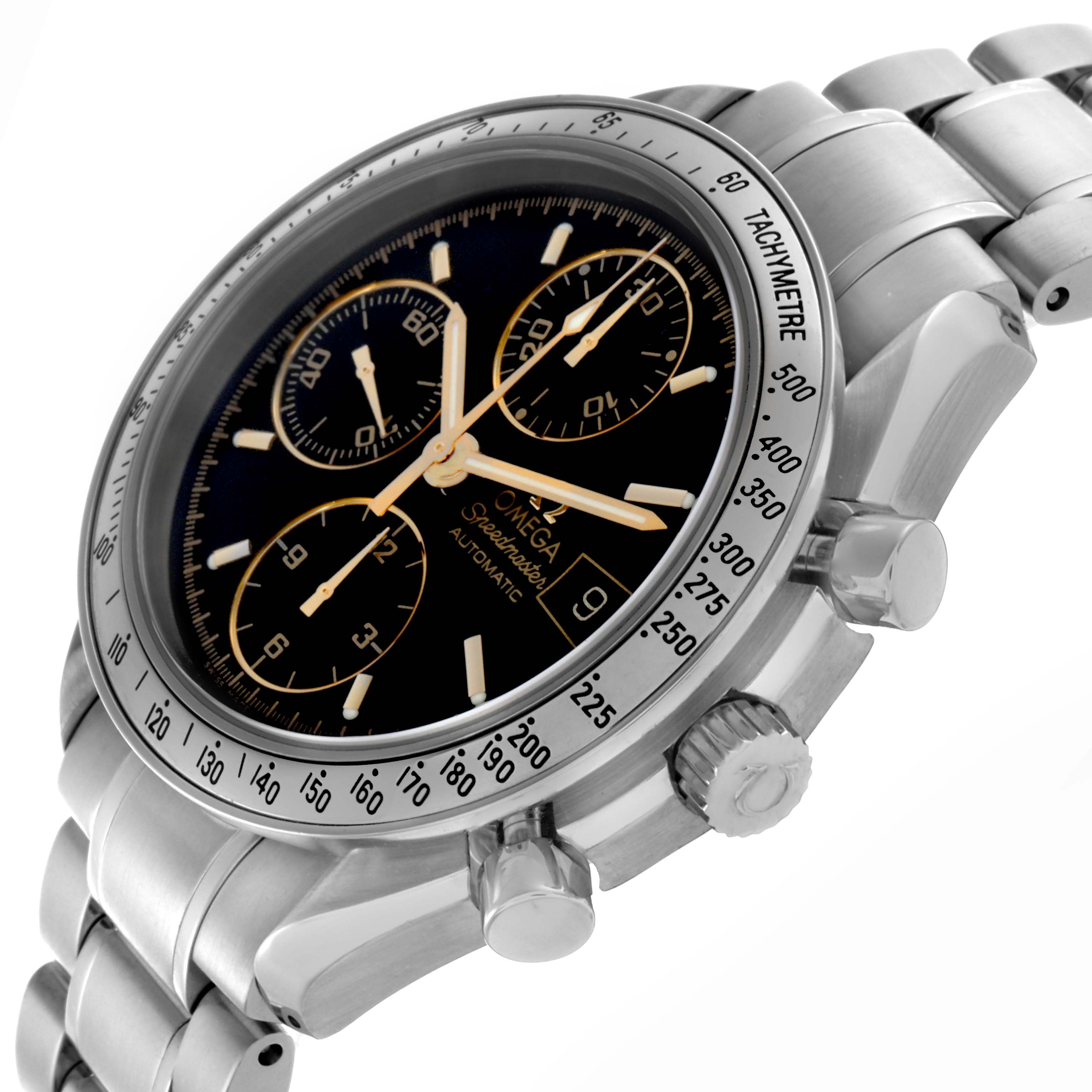 The Omega Speedmaster 3513.54.00 Men
s Stainless Steel Black Dial 3513.54.00 Men
s Stainless Steel Black Dial is shown at a tilted angle, highlighting the case, tachymeter bezel, three subdials, bracelet, and crown.