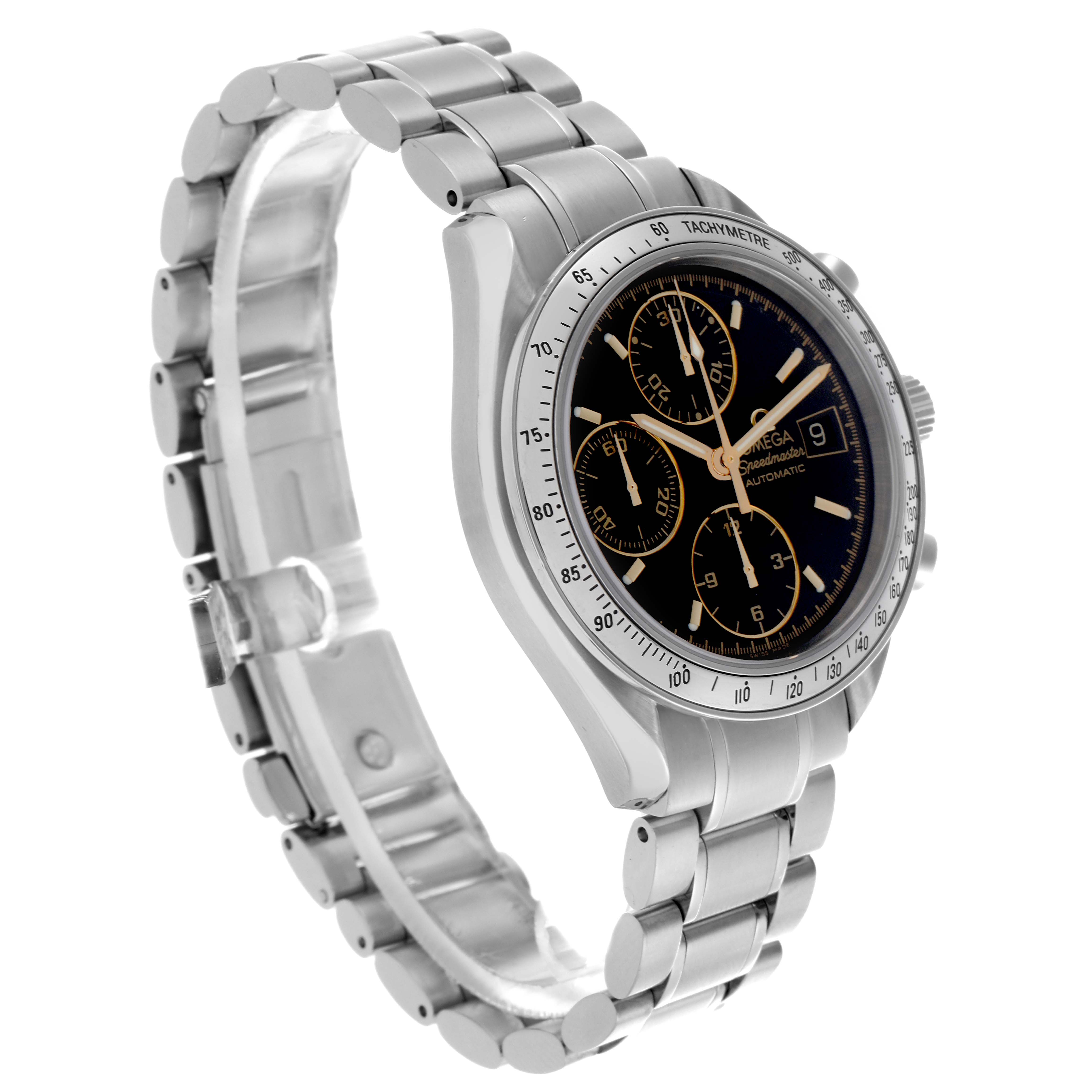 The Omega Speedmaster 3513.54.00 Men
s Stainless Steel Black Dial 3513.54.00 Men
s Stainless Steel Black Dial is shown at a slight side angle, featuring its stainless steel bracelet, case, and black dial with sub-dials.