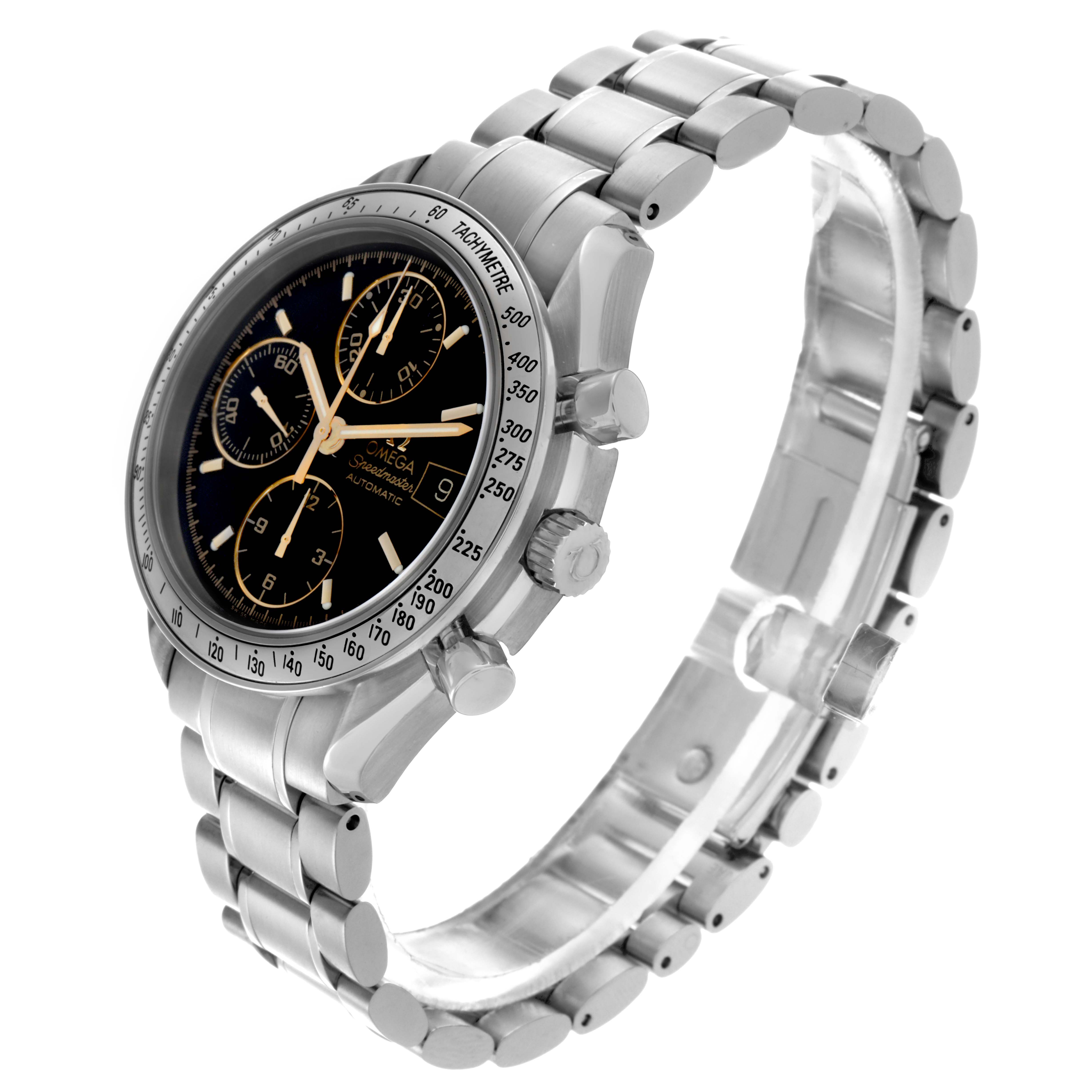 The Omega Speedmaster 3513.54.00 Men
s Stainless Steel Black Dial 3513.54.00 Men
s Stainless Steel Black Dial watch is shown at an angled view, highlighting the face, bezel, crown, pushers, and bracelet links.