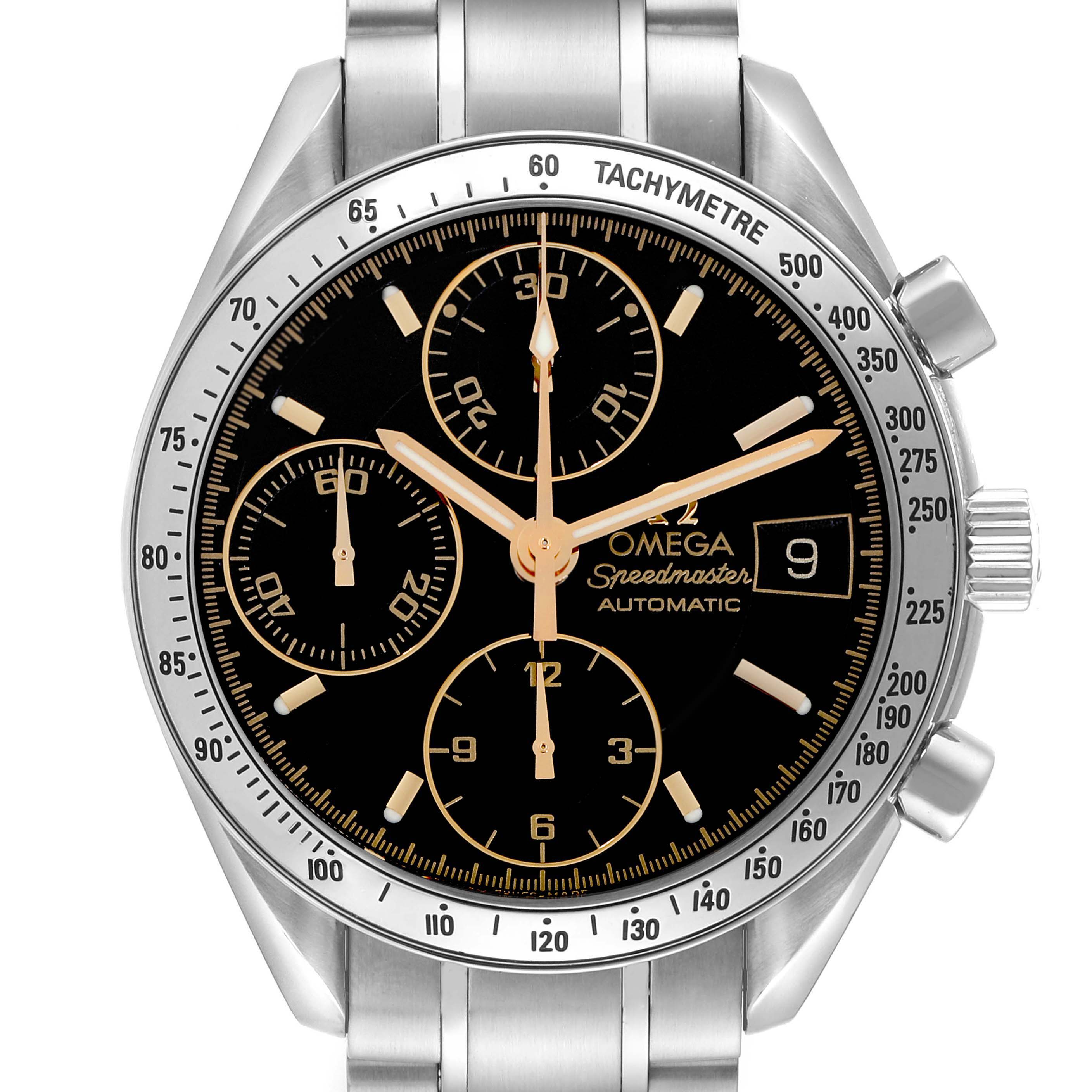 The Omega Speedmaster 3513.54.00 Men
s Stainless Steel Black Dial 3513.54.00 Men
s Stainless Steel Black Dial watch is shown from the front, displaying its black dial, tachymeter bezel, and stainless steel bracelet.