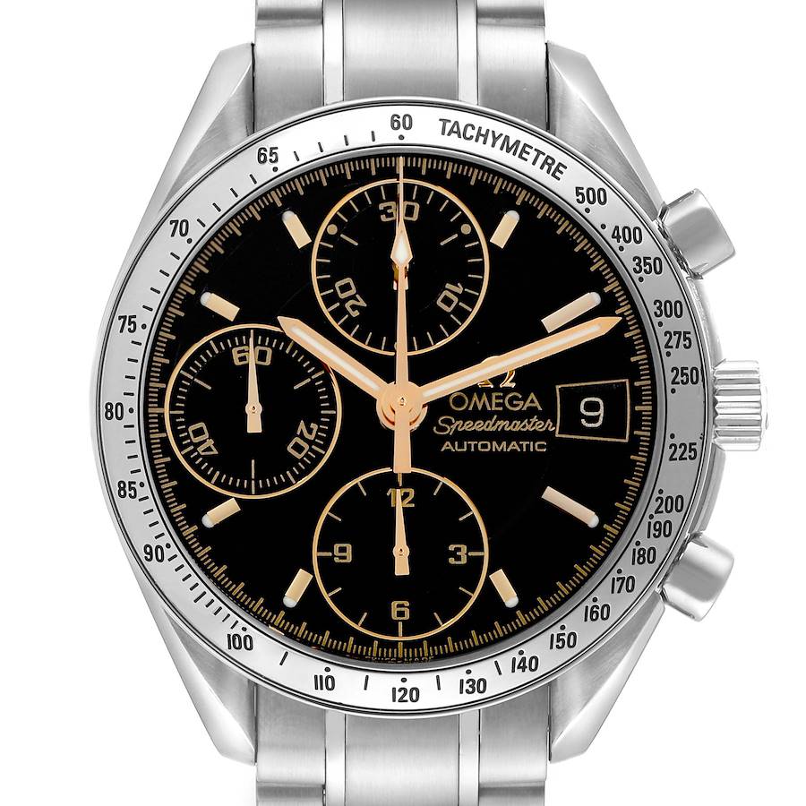 The Omega Speedmaster watch is shown from the front, displaying its black dial, tachymeter bezel, and stainless steel bracelet.