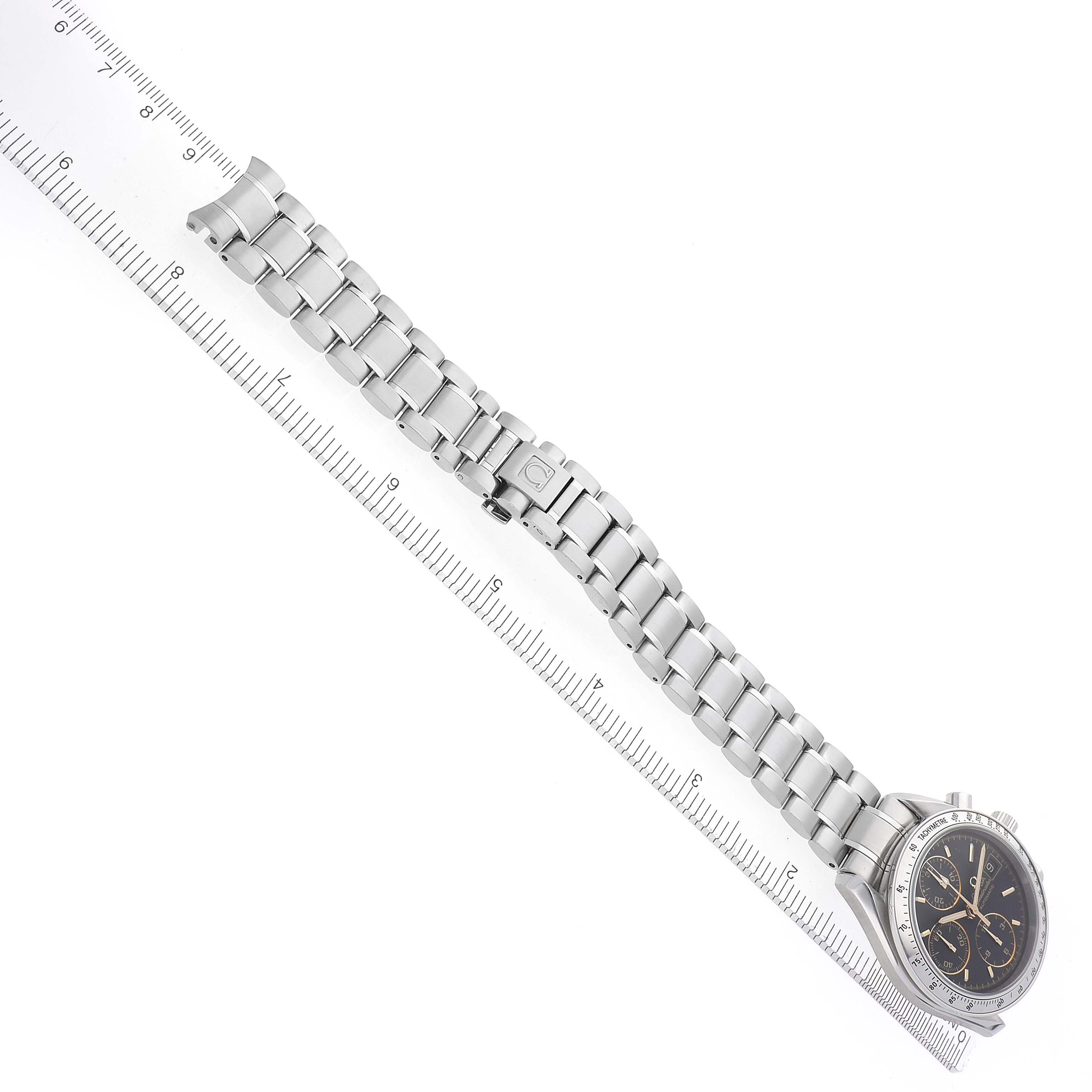 The Omega Speedmaster 3513.54.00 Men
s Stainless Steel Black Dial 3513.54.00 Men
s Stainless Steel Black Dial watch is shown from a top-down angle, highlighting the full view of the dial, bracelet, and clasp.