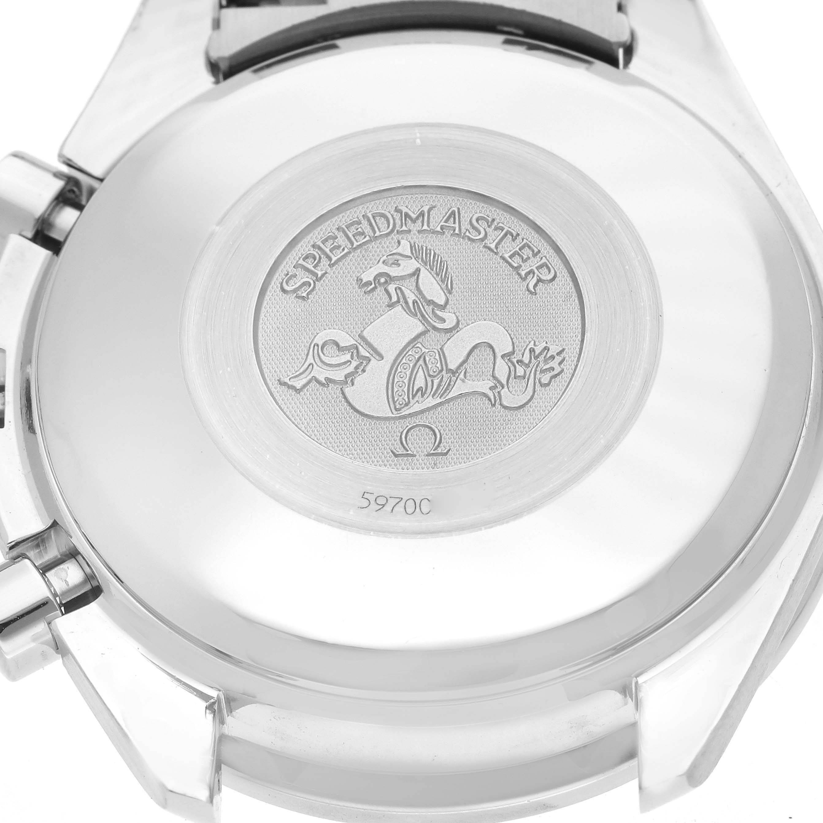 The image shows the back case of an Omega Speedmaster 3513.54.00 Men
s Stainless Steel Black Dial 3513.54.00 Men
s Stainless Steel Black Dial watch, featuring the engraved logo and model number.