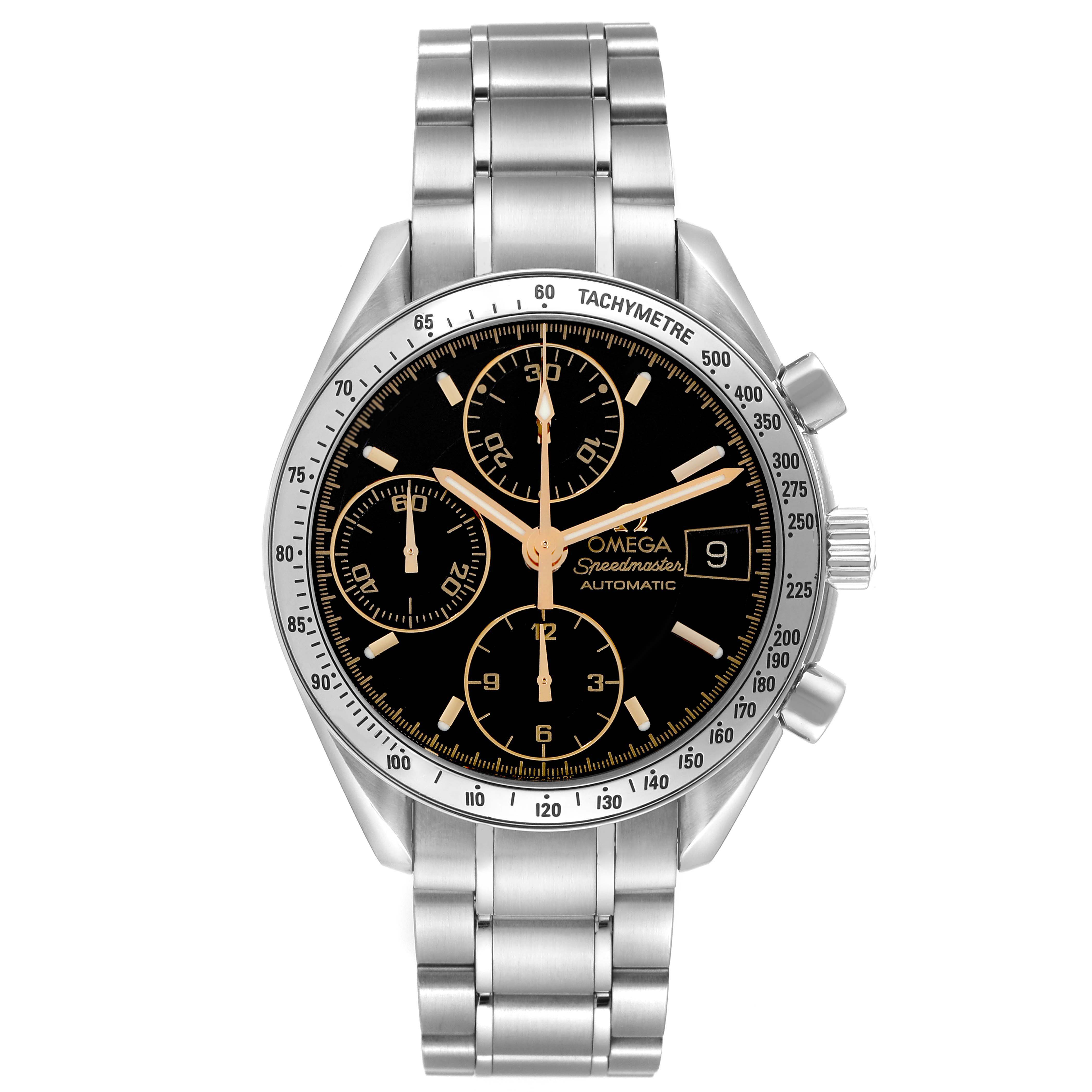 The Omega Speedmaster 3513.54.00 Men
s Stainless Steel Black Dial 3513.54.00 Men
s Stainless Steel Black Dial watch is shown from a front angle displaying the face, bezel, crown, and bracelet.