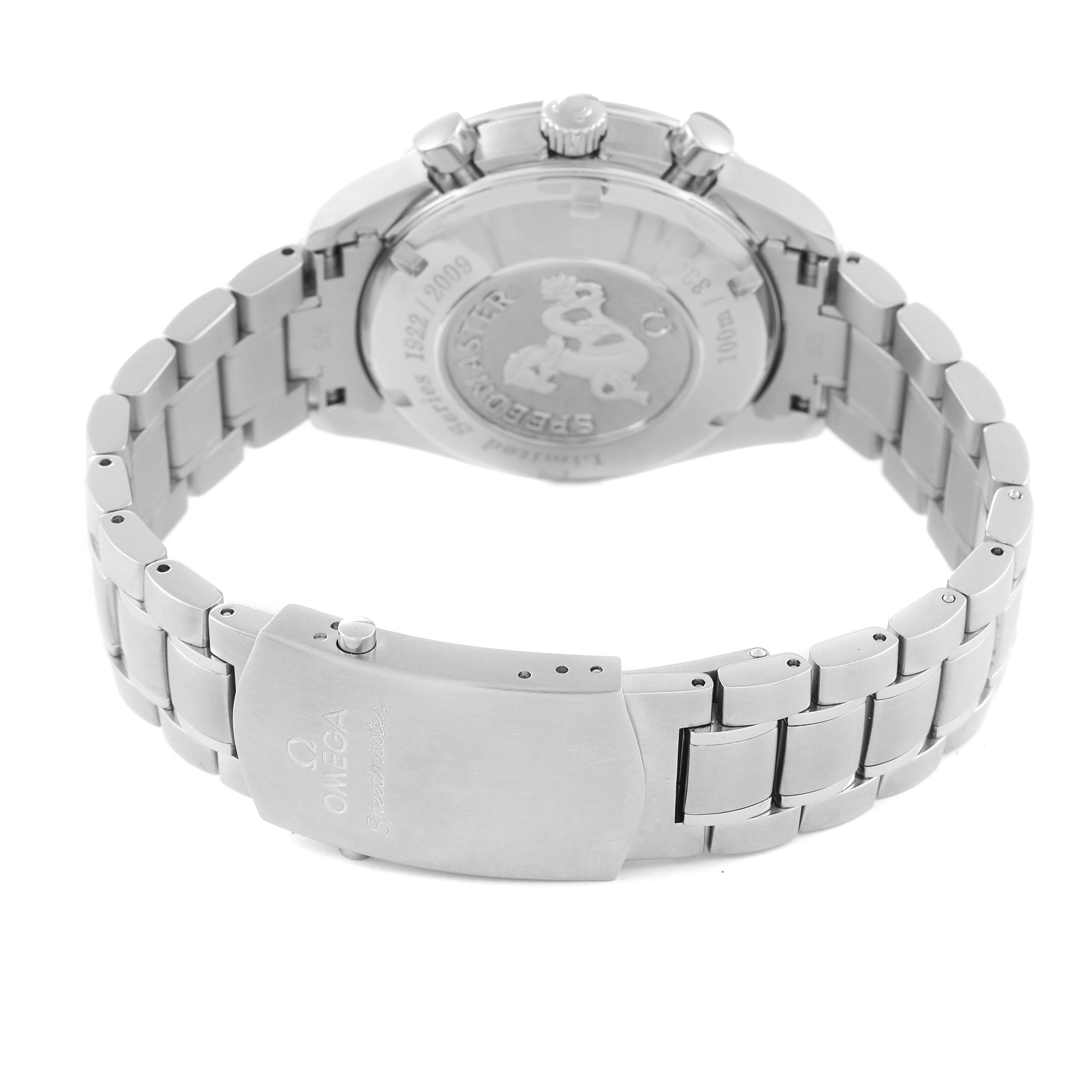 The image shows the back and clasp of the Omega Speedmaster 323.30.40.40.02.001 Men's Stainless Steel White Dial 323.30.40.40.02.001 Men's Stainless Steel White Dial watch, highlighting its stainless steel bracelet and case back.