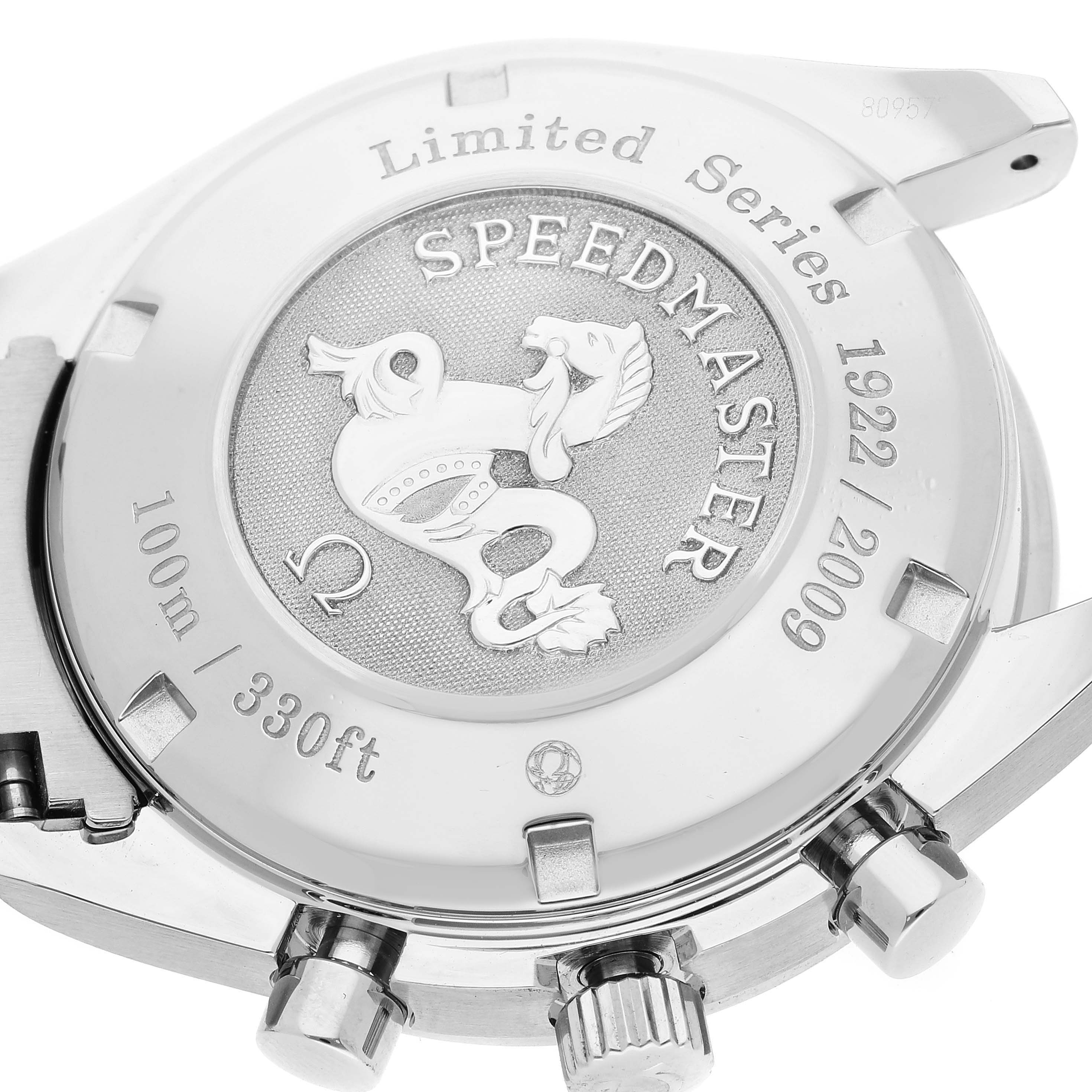 The image shows the back side of the Omega Speedmaster 323.30.40.40.02.001 Men's Stainless Steel White Dial 323.30.40.40.02.001 Men's Stainless Steel White Dial watch, highlighting the "Limited Series" engraving and the crown.