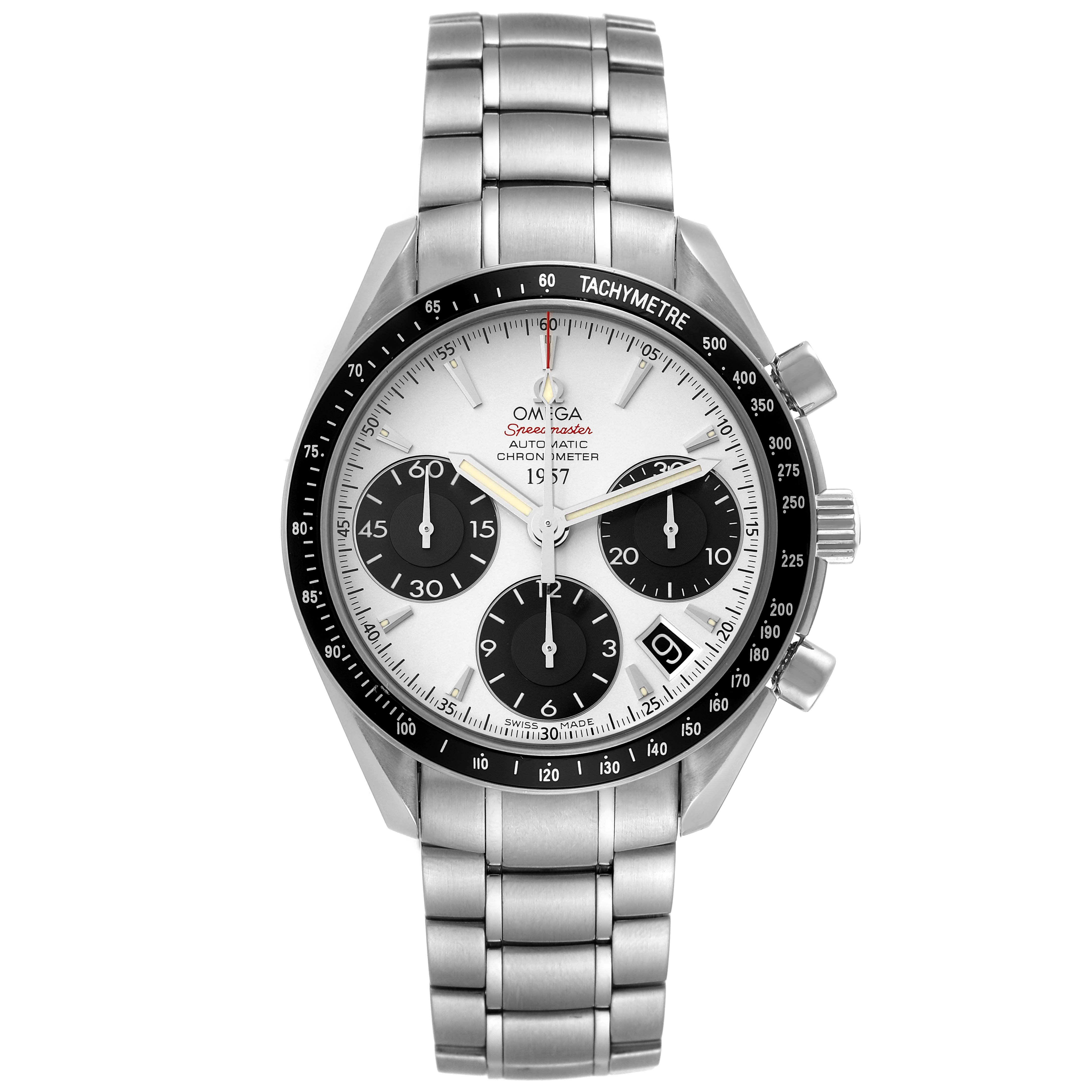 The image shows a front view of an Omega Speedmaster 323.30.40.40.02.001 Men's Stainless Steel White Dial 323.30.40.40.02.001 Men's Stainless Steel White Dial watch, displaying the dial, chronograph subdials, tachymeter bezel, and stainless steel bracelet.