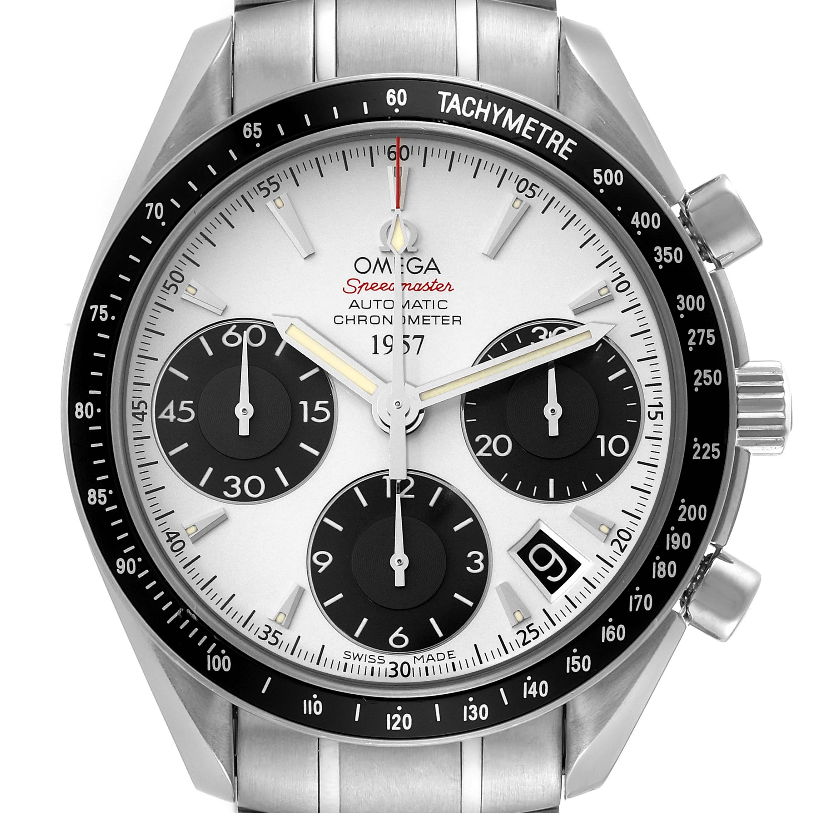 The image shows a front view of the Omega Speedmaster 323.30.40.40.02.001 Men's Stainless Steel White Dial 323.30.40.40.02.001 Men's Stainless Steel White Dial watch featuring its dial, chronograph subdials, tachymeter bezel, and date window.