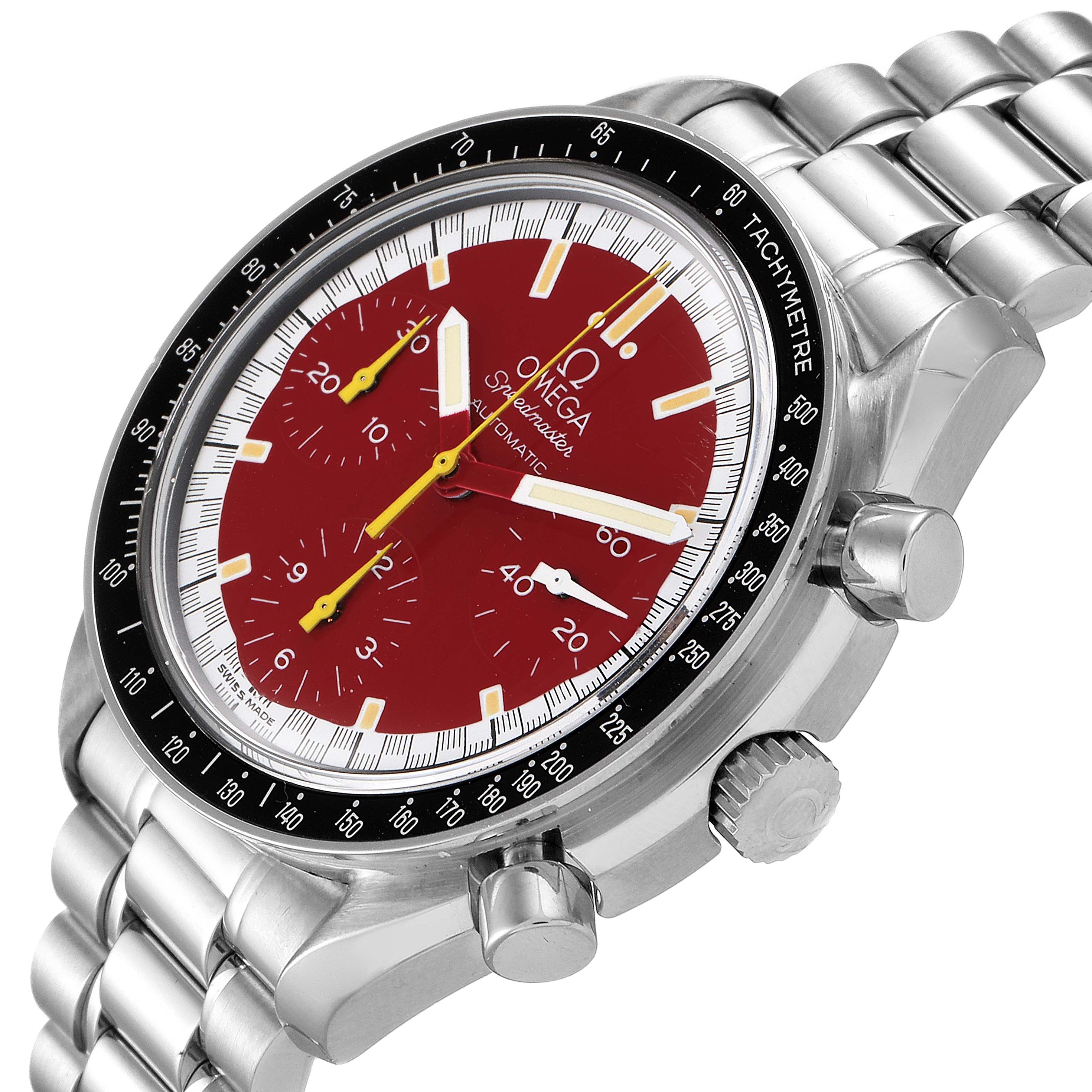 The Omega Speedmaster 3510.61.00 Men's Stainless Steel Red Dial 3510.61.00 Men's Stainless Steel Red Dial watch is shown at an angled view, displaying its face, tachymeter bezel, chronograph buttons, and bracelet.