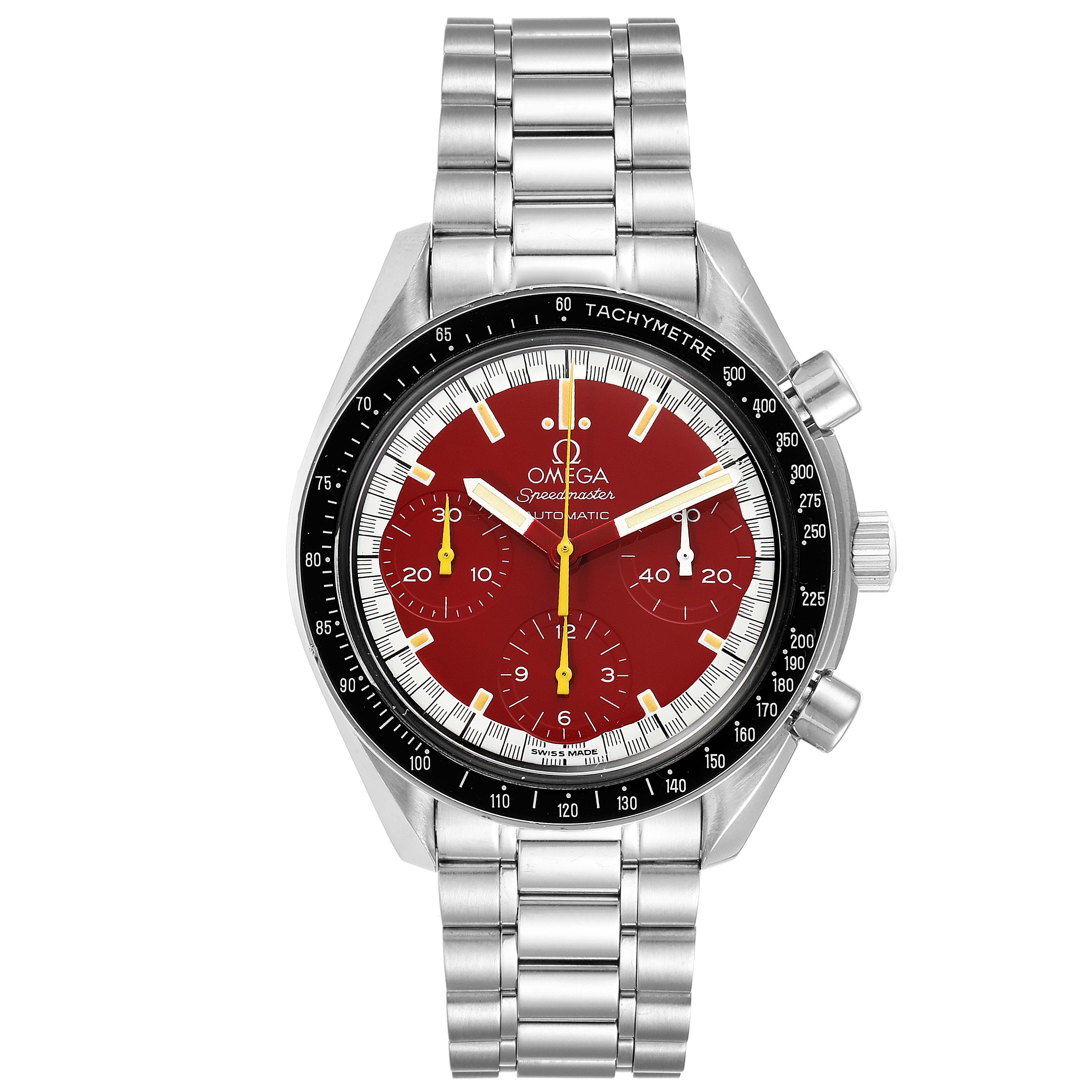 The image shows a front view of an Omega Speedmaster 3510.61.00 Men's Stainless Steel Red Dial 3510.61.00 Men's Stainless Steel Red Dial watch with a red dial and a stainless steel bracelet.