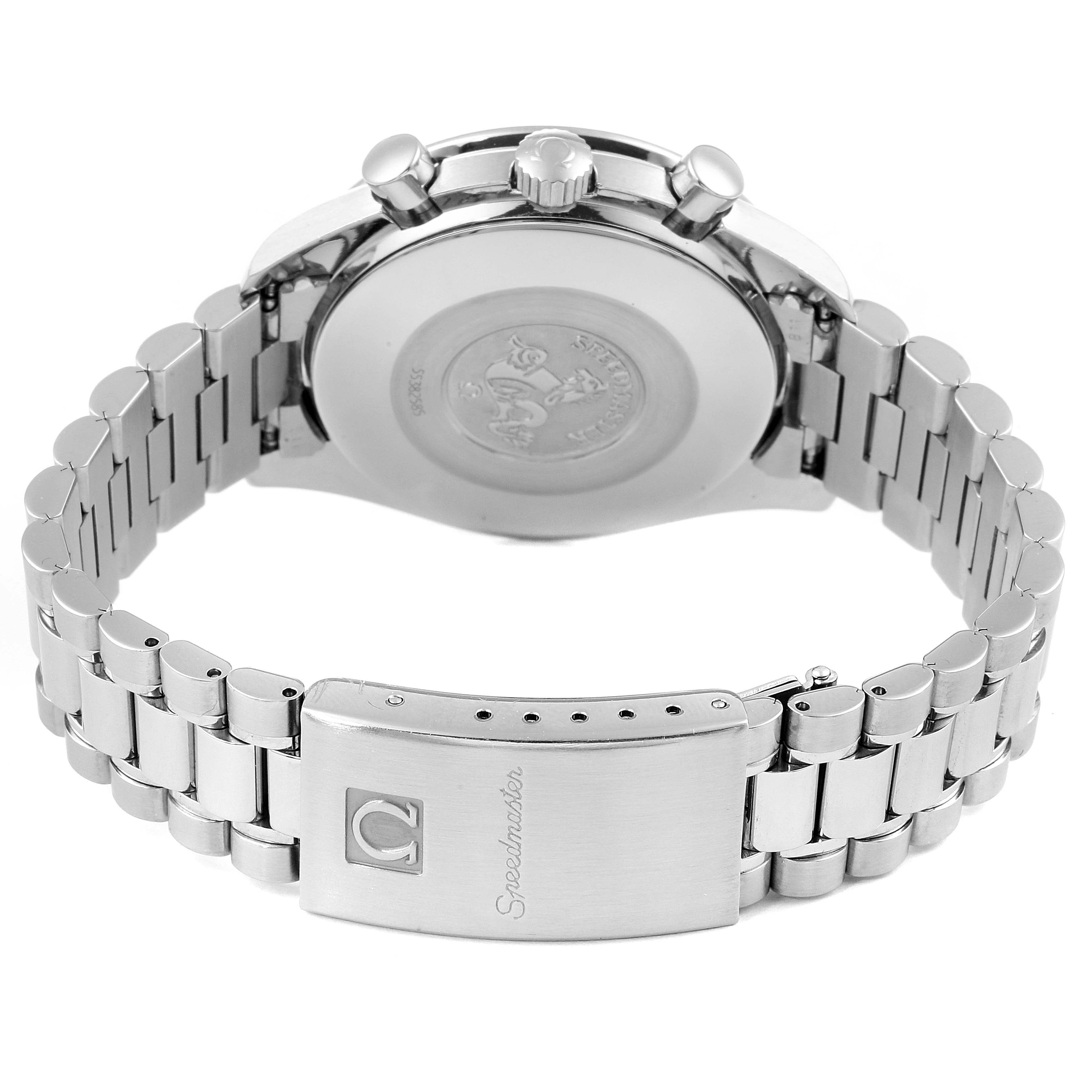 The image shows the back view of the Omega Speedmaster 3510.61.00 Men's Stainless Steel Red Dial 3510.61.00 Men's Stainless Steel Red Dial watch, highlighting its case back and metal bracelet clasp.