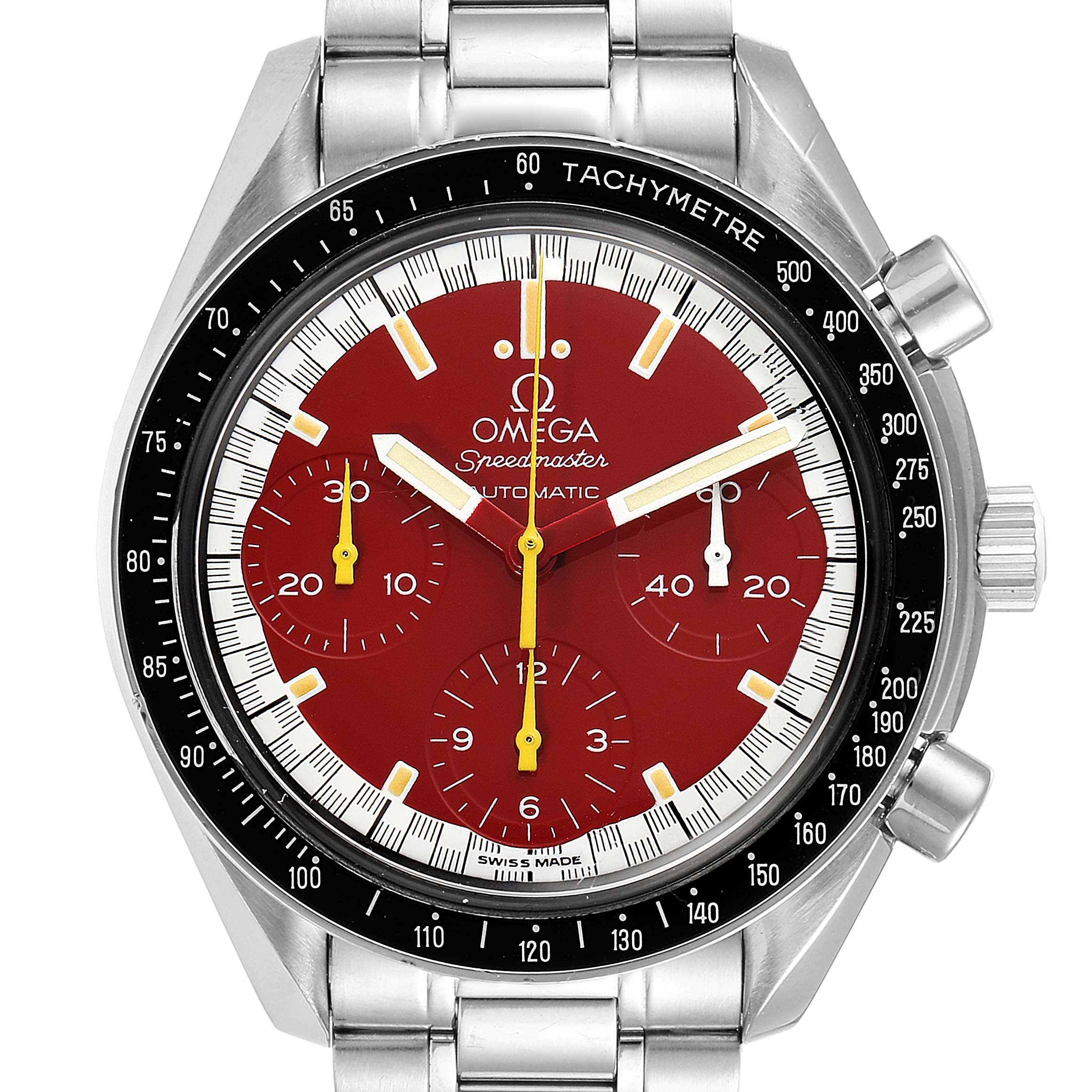 This image shows a frontal view of the Omega Speedmaster 3510.61.00 Men's Stainless Steel Red Dial 3510.61.00 Men's Stainless Steel Red Dial watch, including the bezel, dial, subdials, and bracelet.