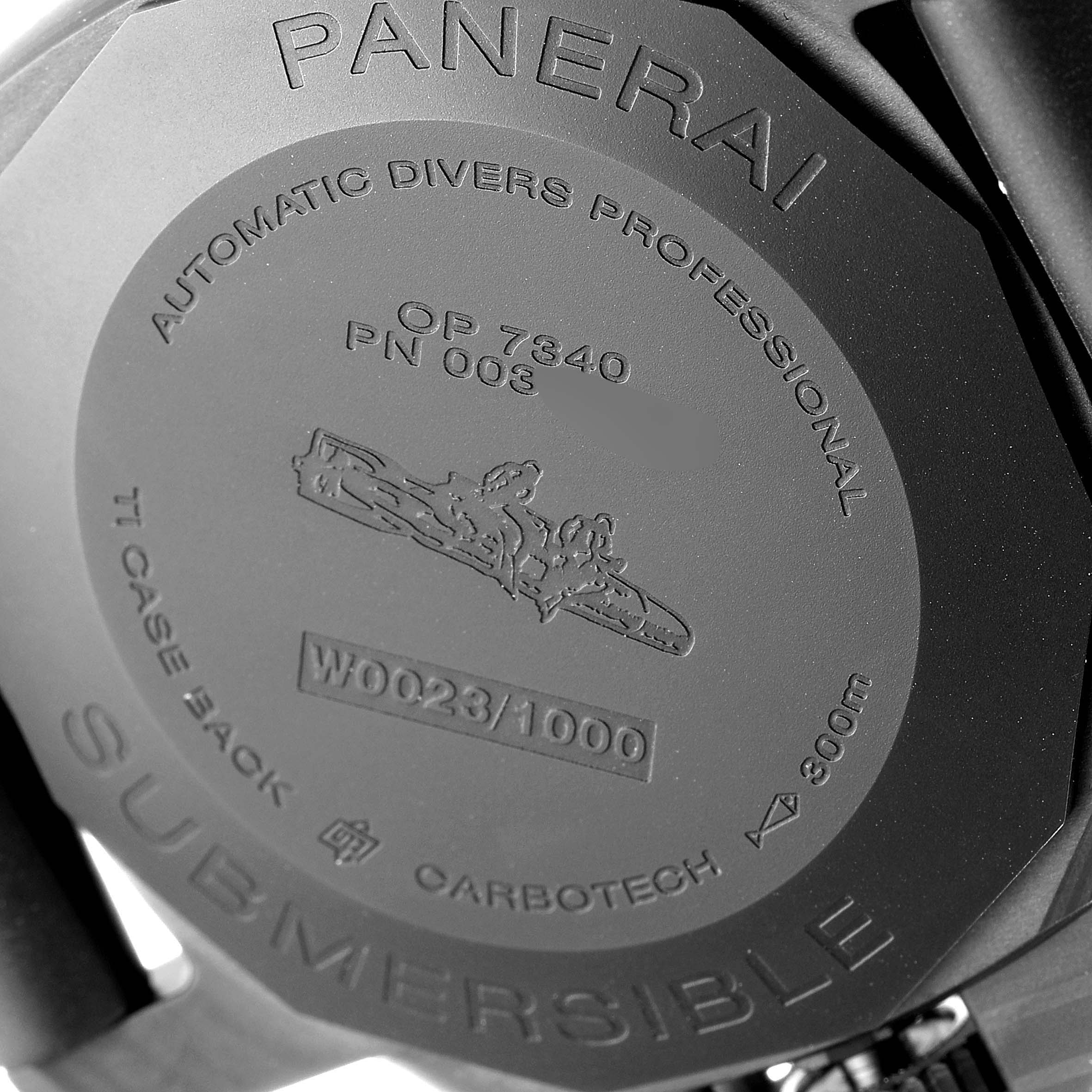 The image shows the back case of a Panerai Submersible PAM00960 Men's Ceramic Black Dial PAM00960 Men's Ceramic Black Dial model watch with various engravings.