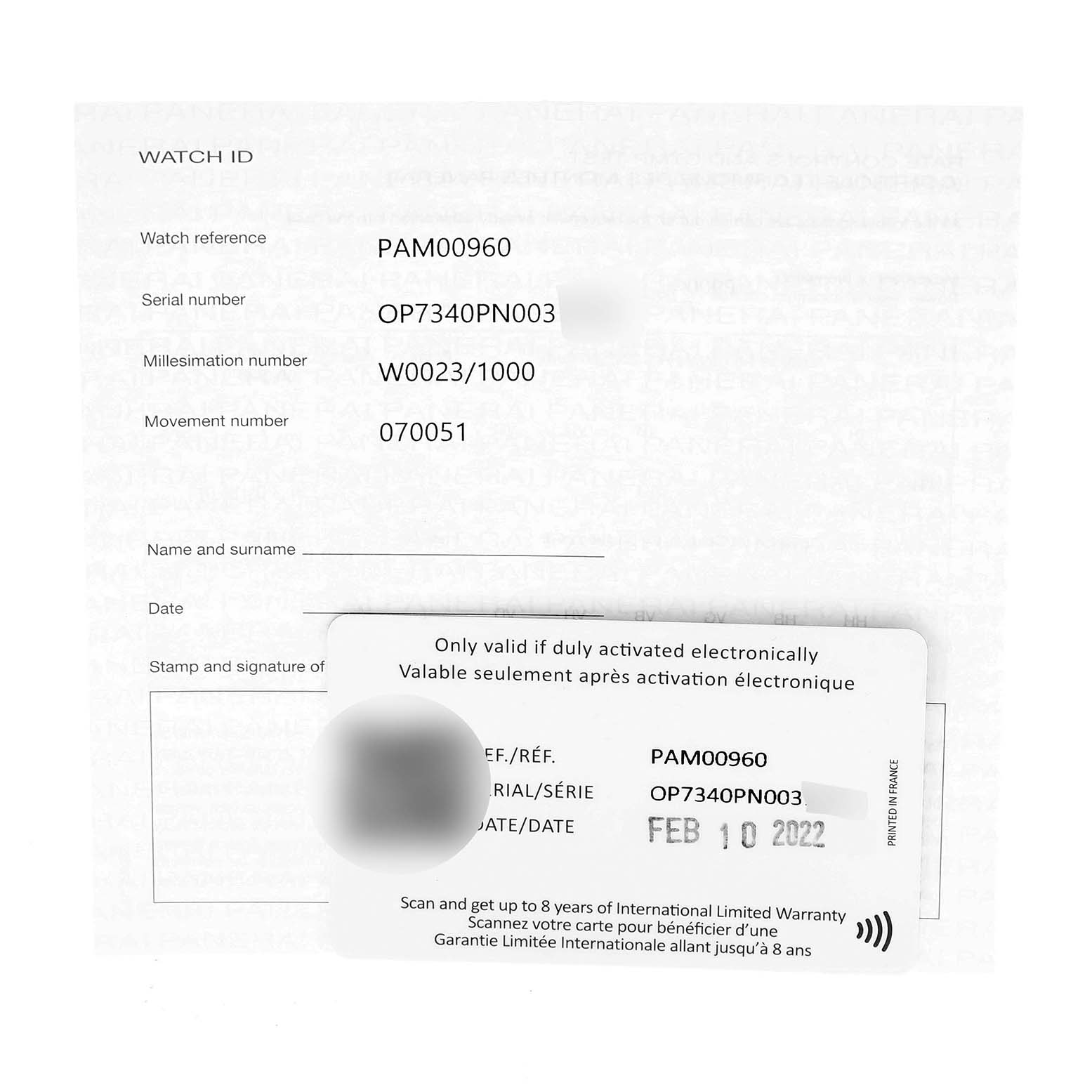 This image shows a warranty card and watch ID document for a Panerai Submersible PAM00960 Men's Ceramic Black Dial PAM00960 Men's Ceramic Black Dial model PAM00960.