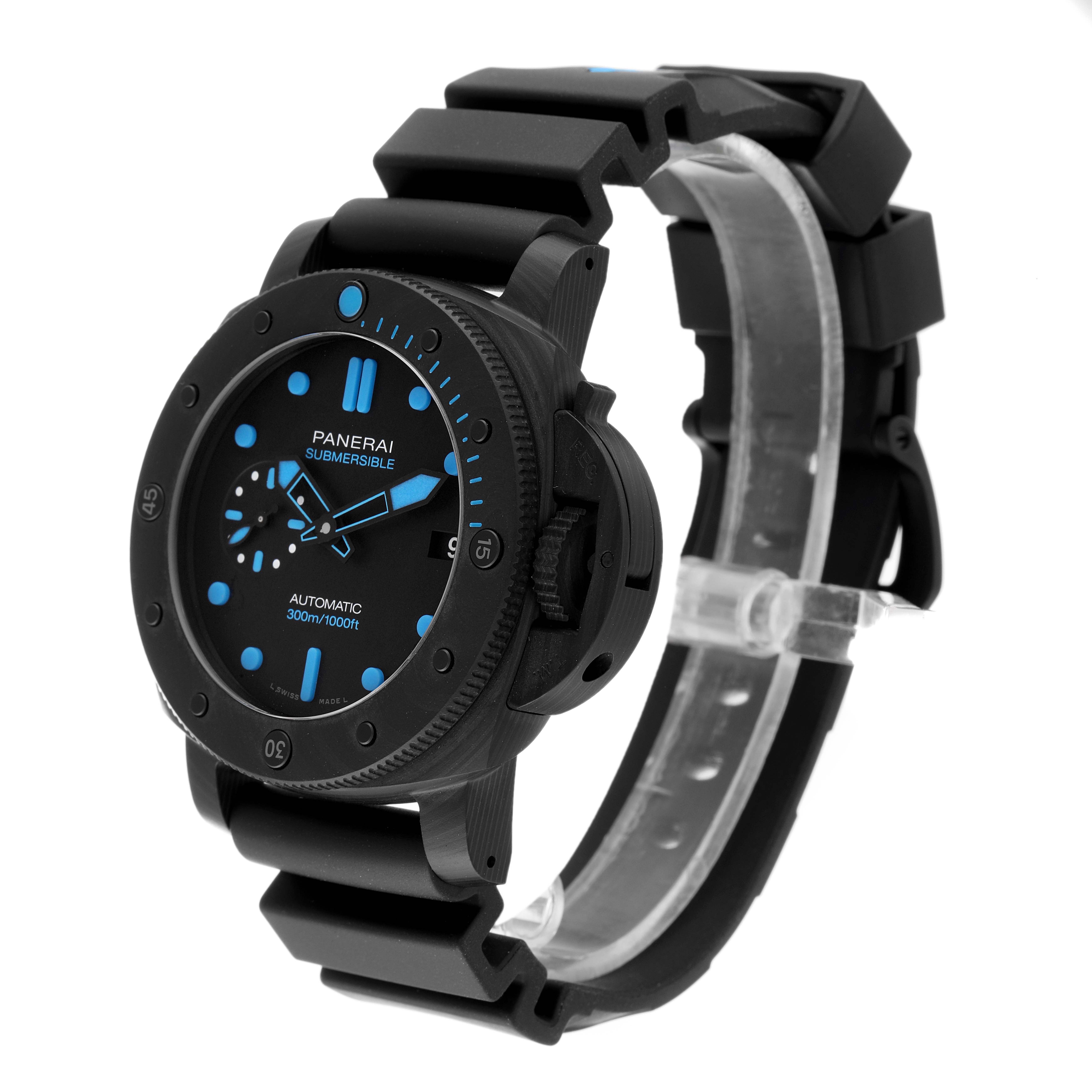 The image shows a side and front angle of the Panerai Submersible PAM00960 Men's Ceramic Black Dial PAM00960 Men's Ceramic Black Dial watch with its black case, black strap, and blue dial accents.