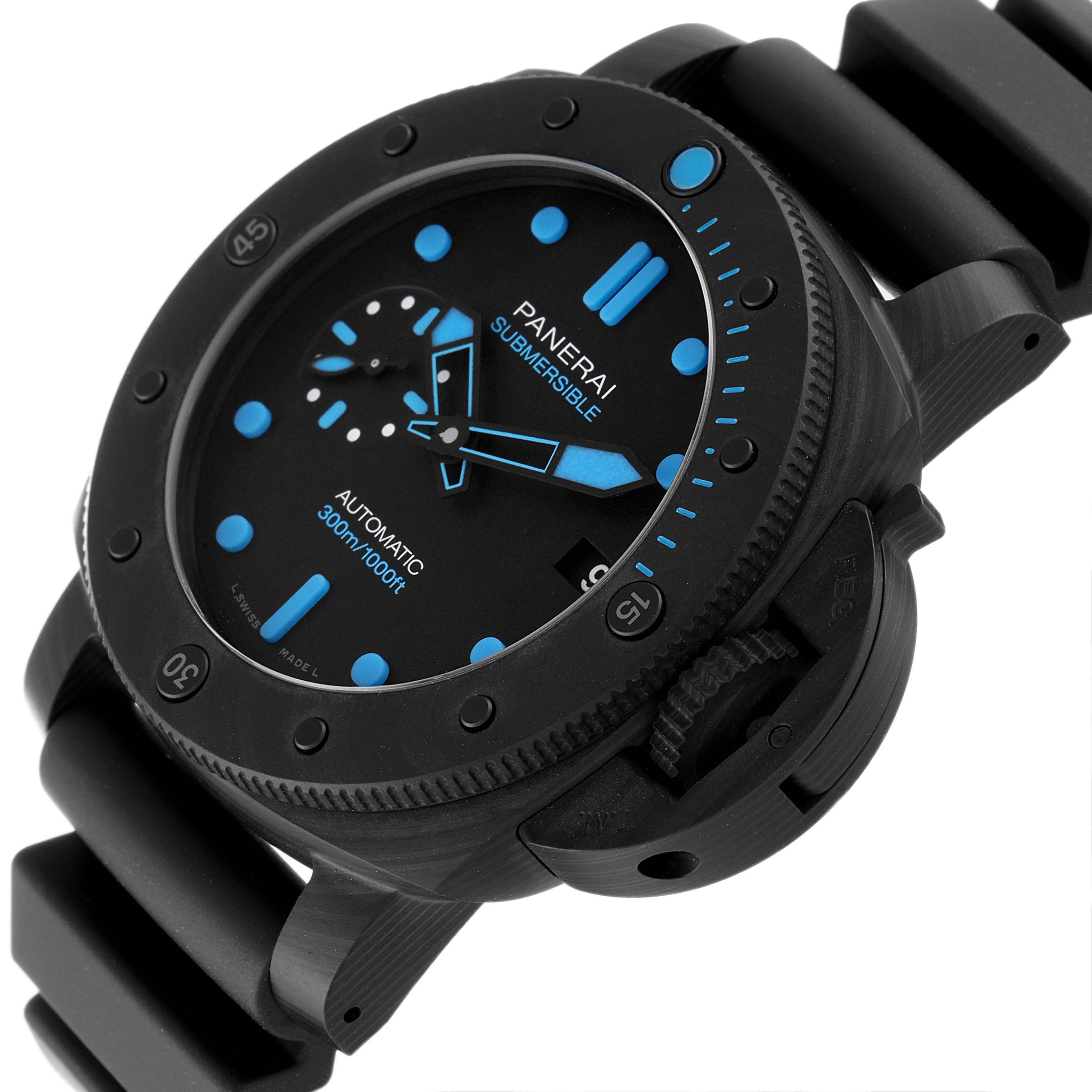 The image shows a Panerai Submersible PAM00960 Men's Ceramic Black Dial PAM00960 Men's Ceramic Black Dial watch from an angled side view, highlighting the dial, bezel, and strap.