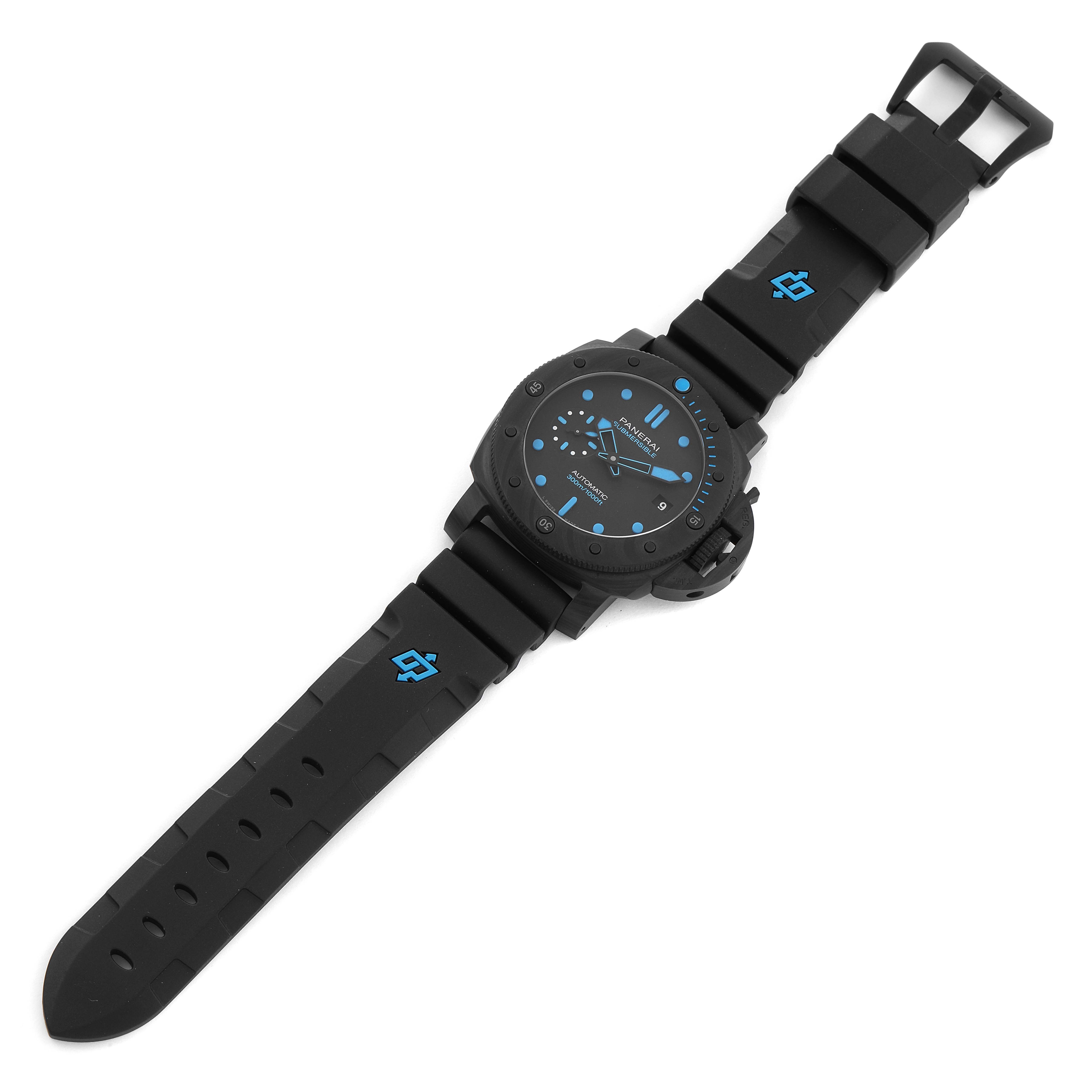 The image shows a Panerai Submersible PAM00960 Men's Ceramic Black Dial PAM00960 Men's Ceramic Black Dial watch laid flat, clearly displaying the dial and rubber strap from a top-down angle.