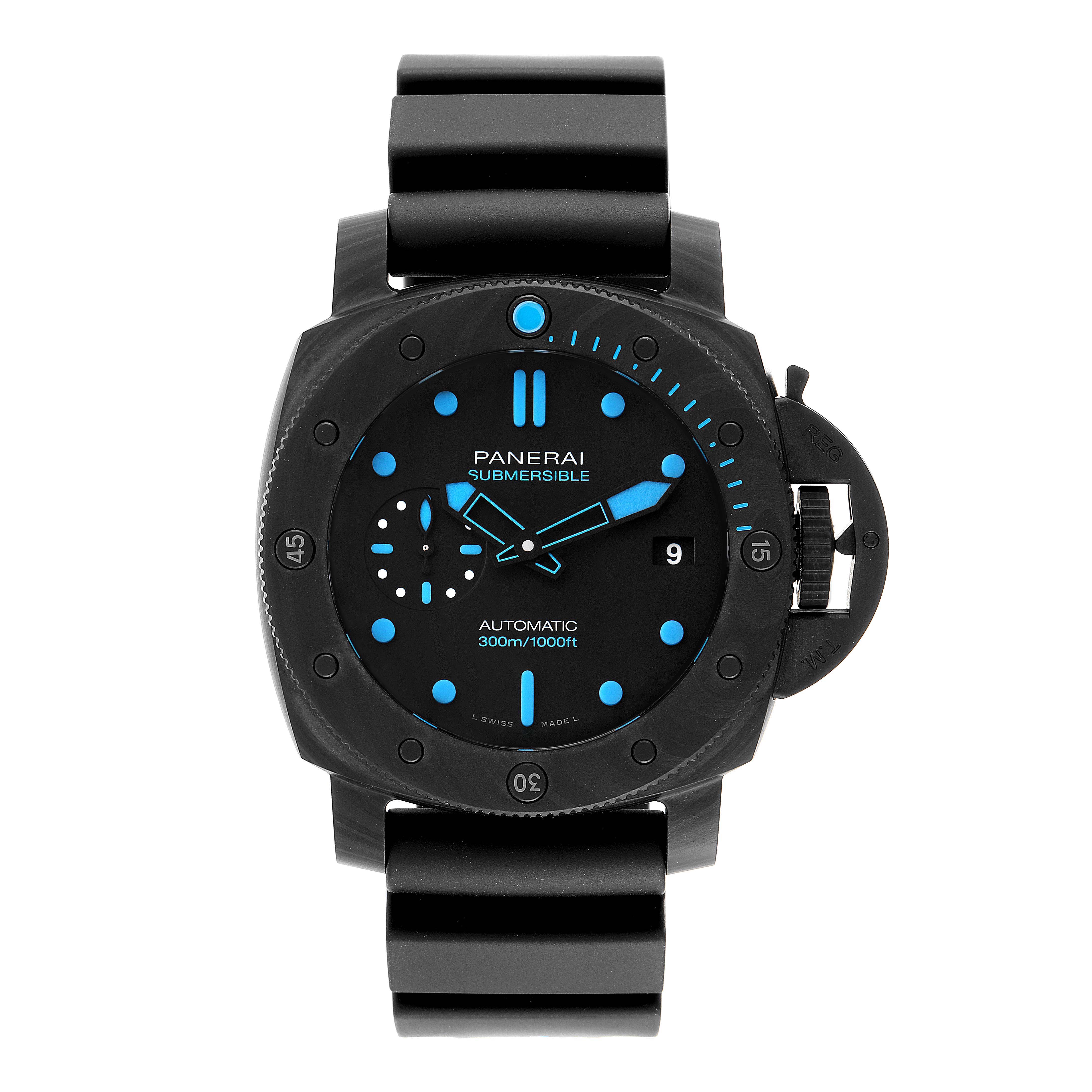 This image shows a front-facing view of a Panerai Submersible PAM00960 Men's Ceramic Black Dial PAM00960 Men's Ceramic Black Dial watch displaying its dial, bezel, and strap.